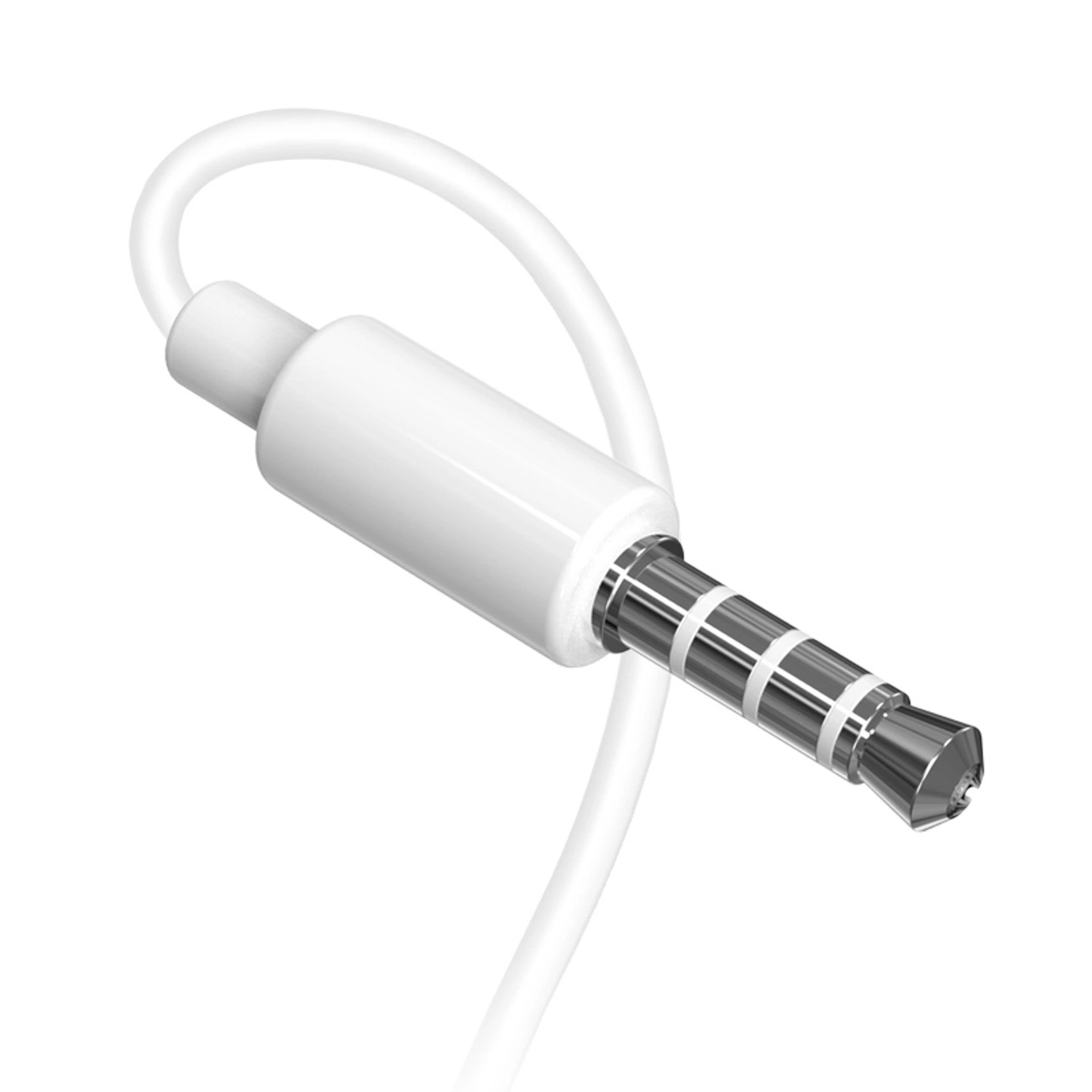 Un jack audio bianco con spina metallica e cavo bianco su sfondo bianco.