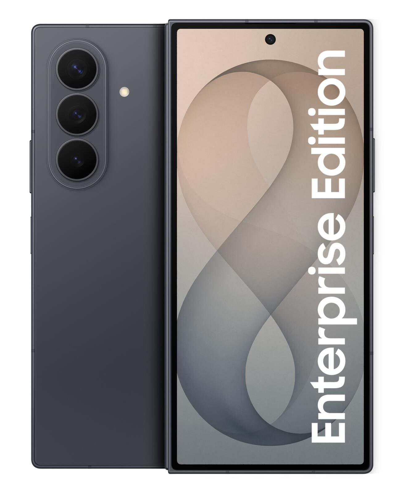 Uno smartphone grigio mostra Enterprise Edition sullo schermo e tre lenti di fotocamera sul retro.