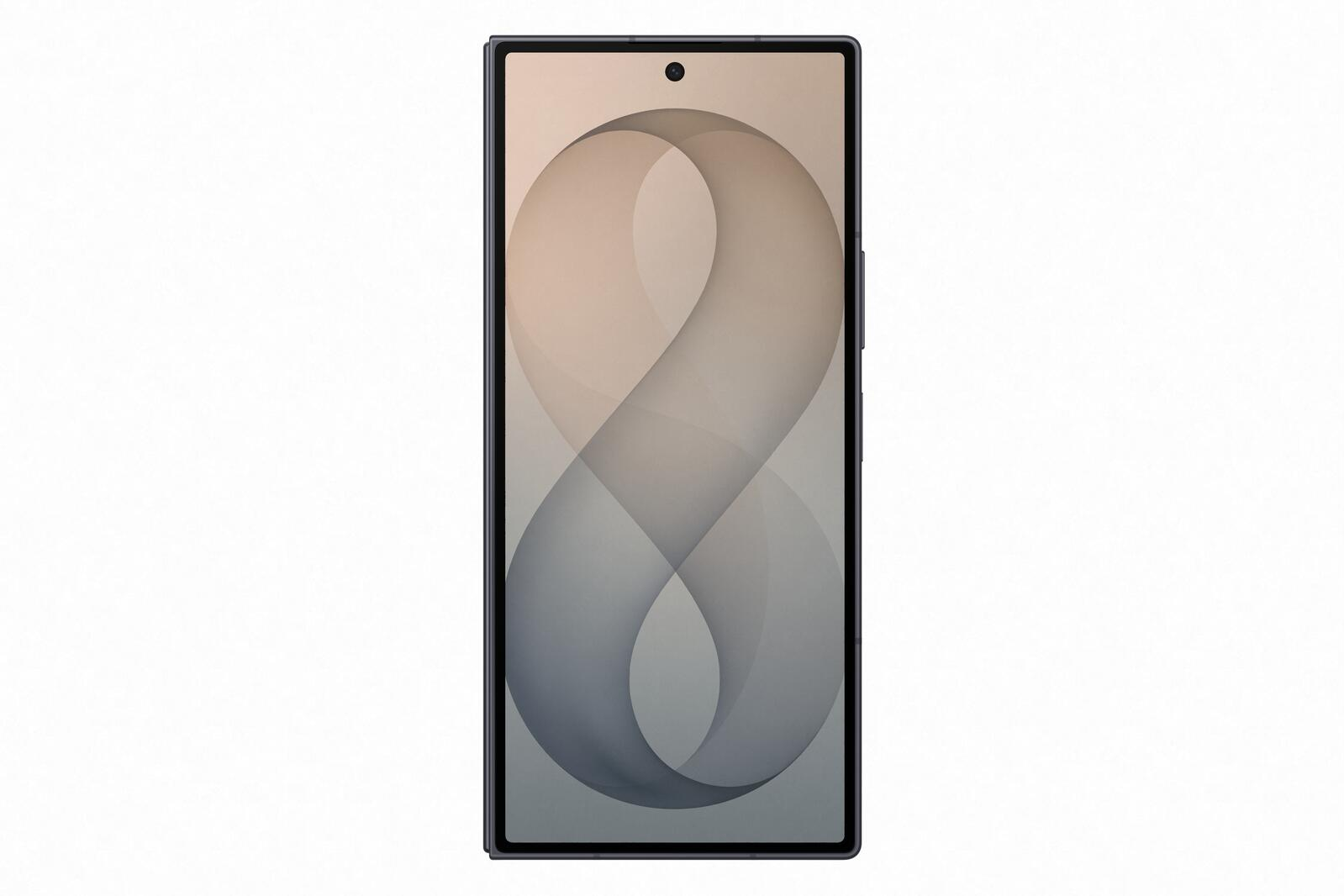 Vista frontale di uno smartphone con bordi sottili e curve astratte sullo schermo su sfondo bianco.