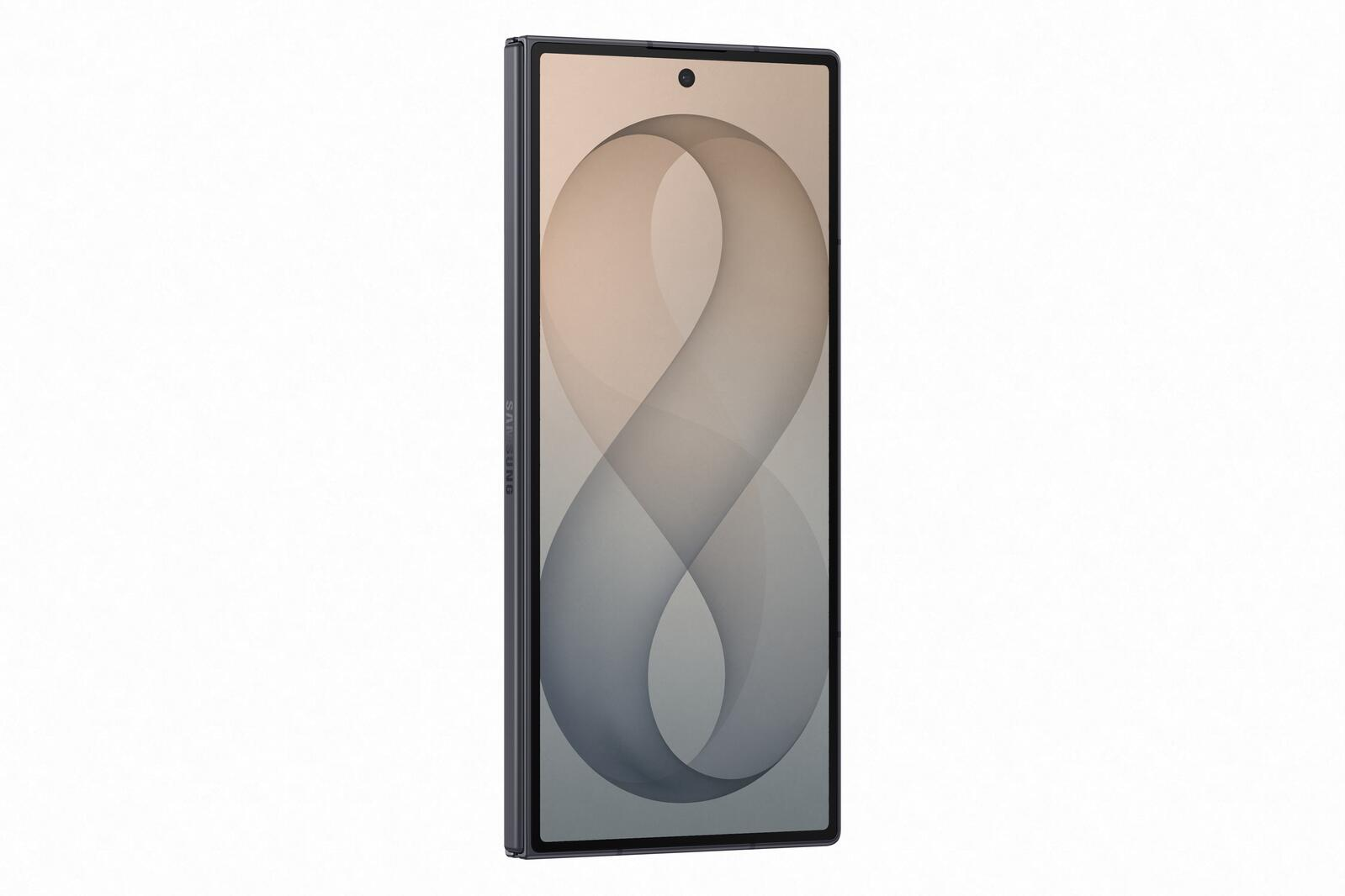 Uno smartphone con uno schermo con motivo curvo luminoso su sfondo bianco.