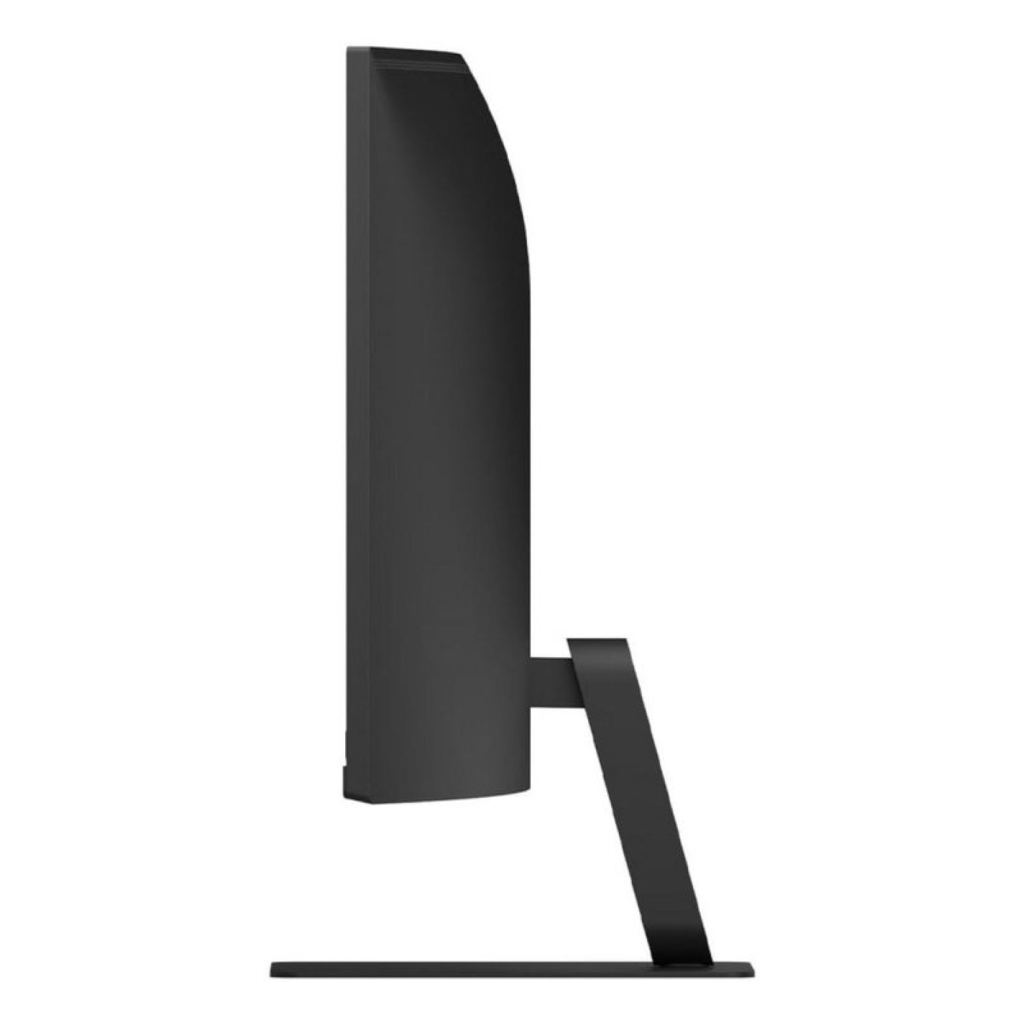 Vista laterale di un monitor per computer curvo nero su supporto, isolato su sfondo bianco.