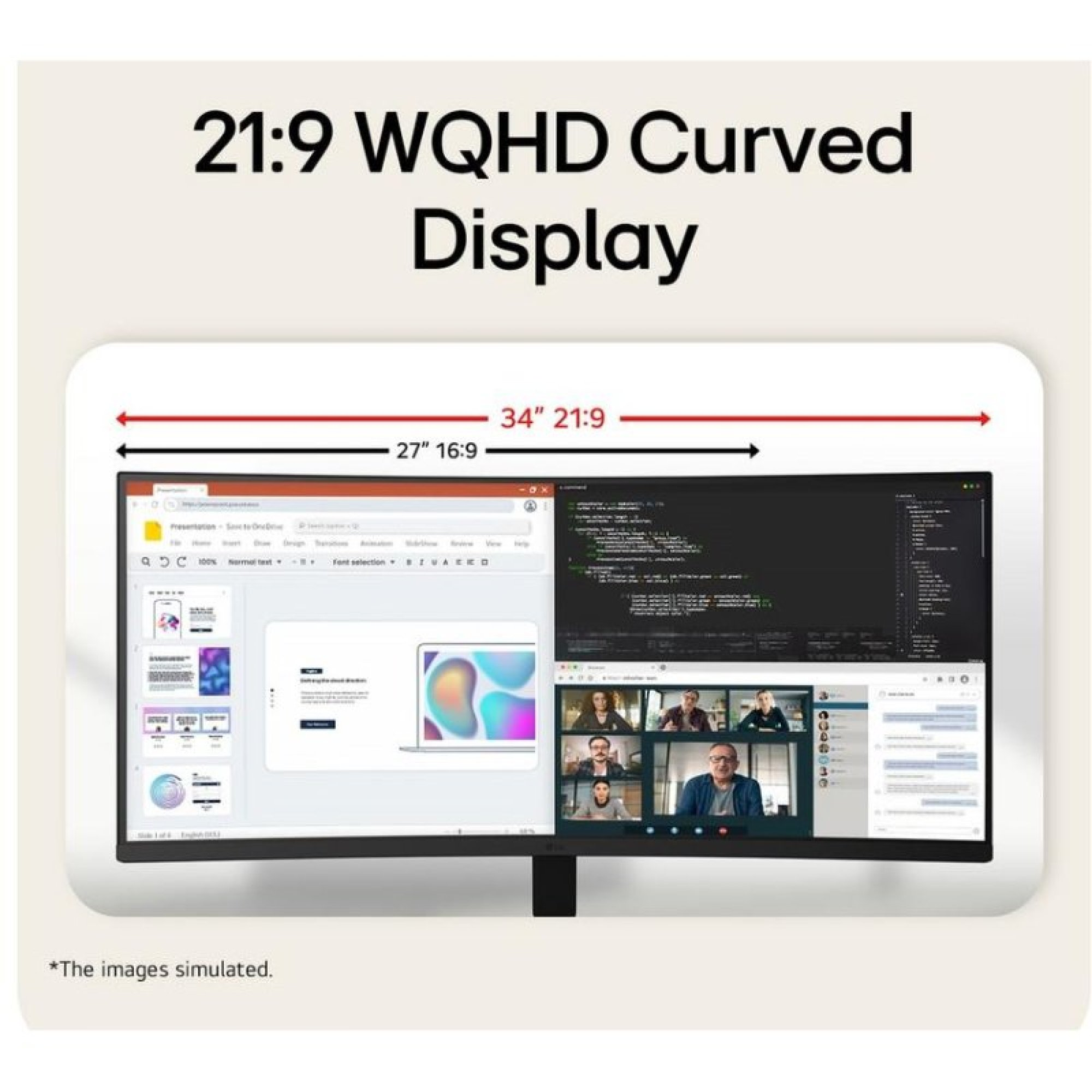 Un display curvo WQHD 21:9 che mostra più finestre aperte come presentazioni e videochiamate.