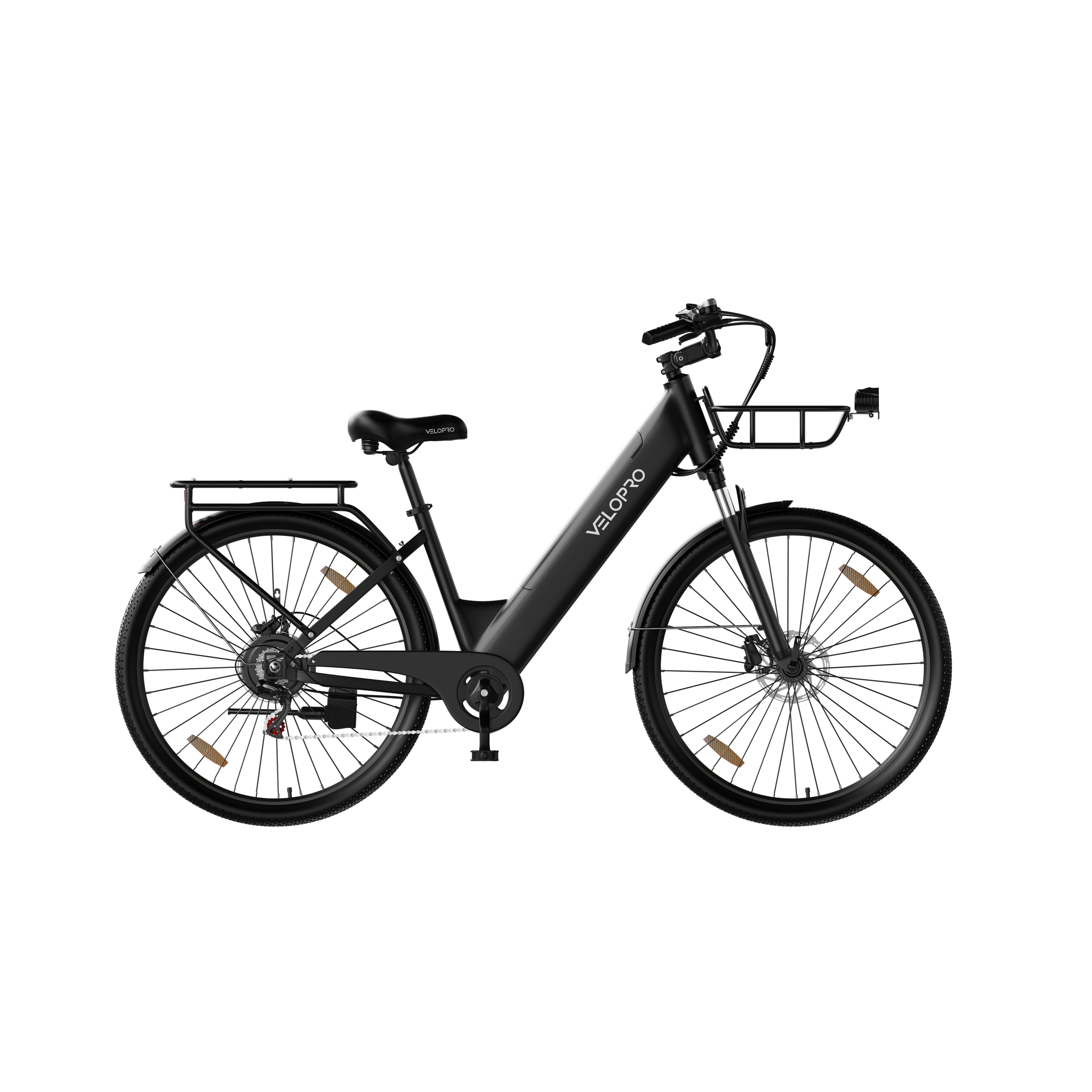 Ein schwarzes Elektrofahrrad mit tiefem Einstieg, Frontkorb, Gepäckträger und VeloPro-Logo auf weißem Hintergrund.