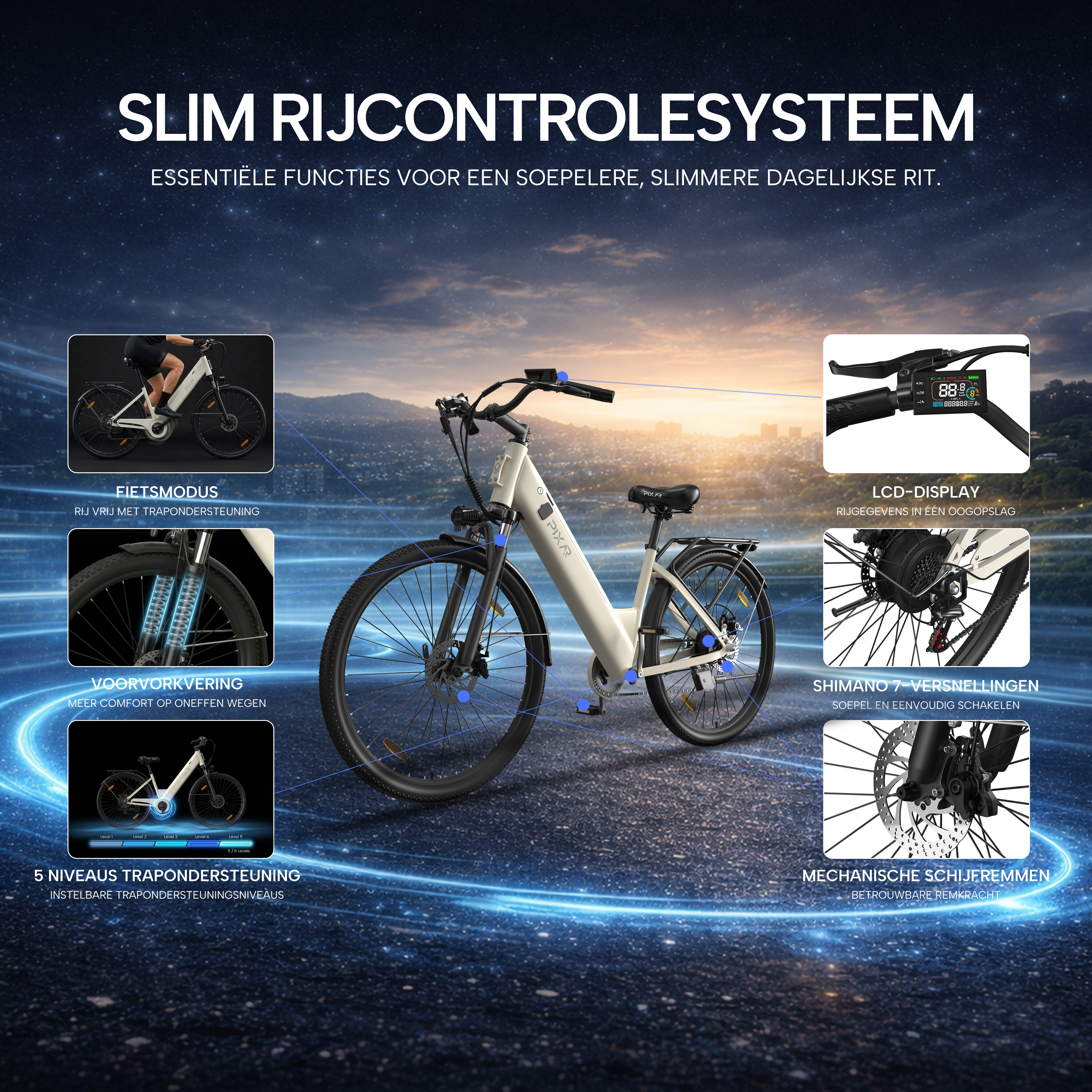 E-Bike mit Funktionen wie Display, Gangschaltung, Scheibenbremsen, Federung und Tretunterstützung.