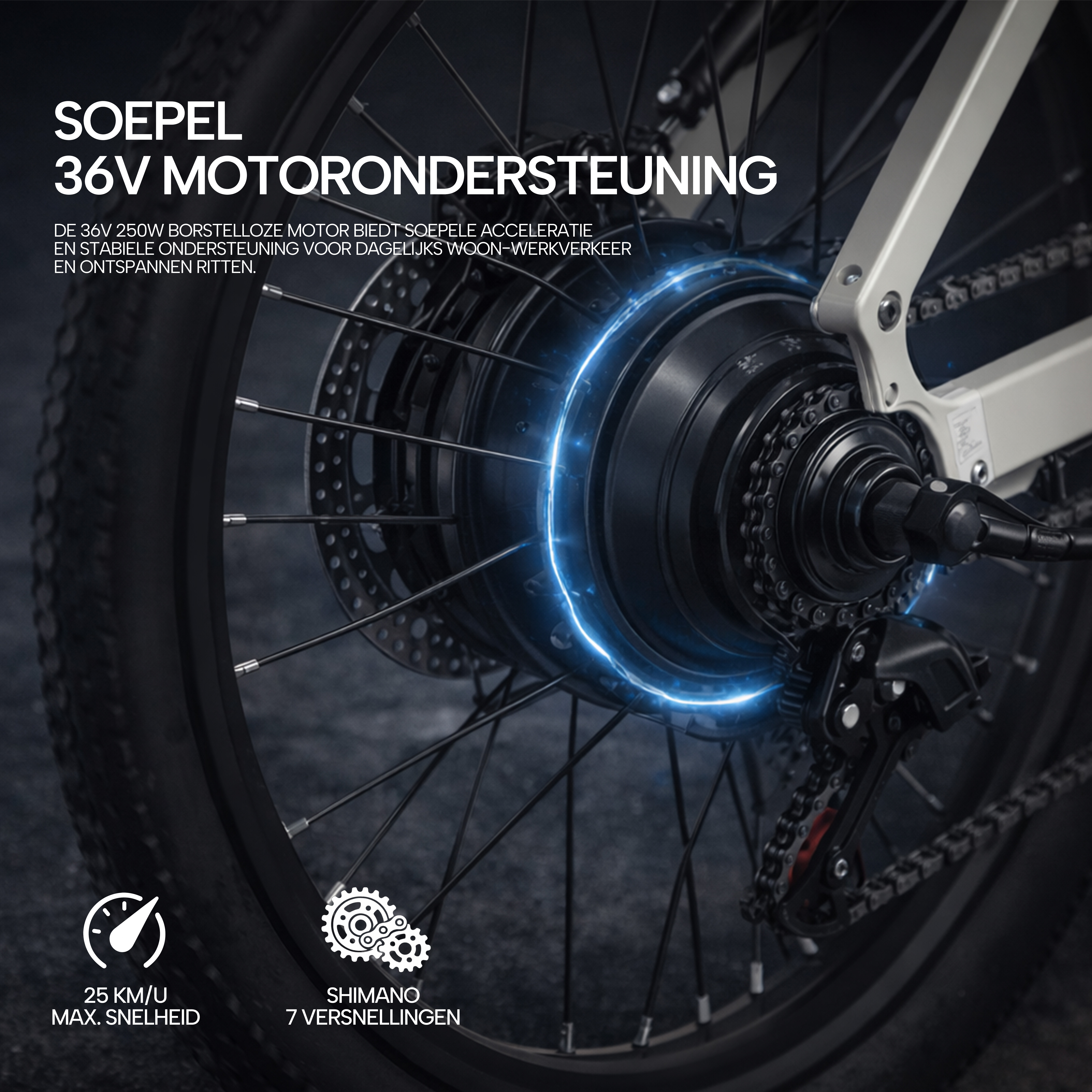 Nahaufnahme eines E-Bike-Hinterradmotors mit blauer Beleuchtung, Text und Symbolen.