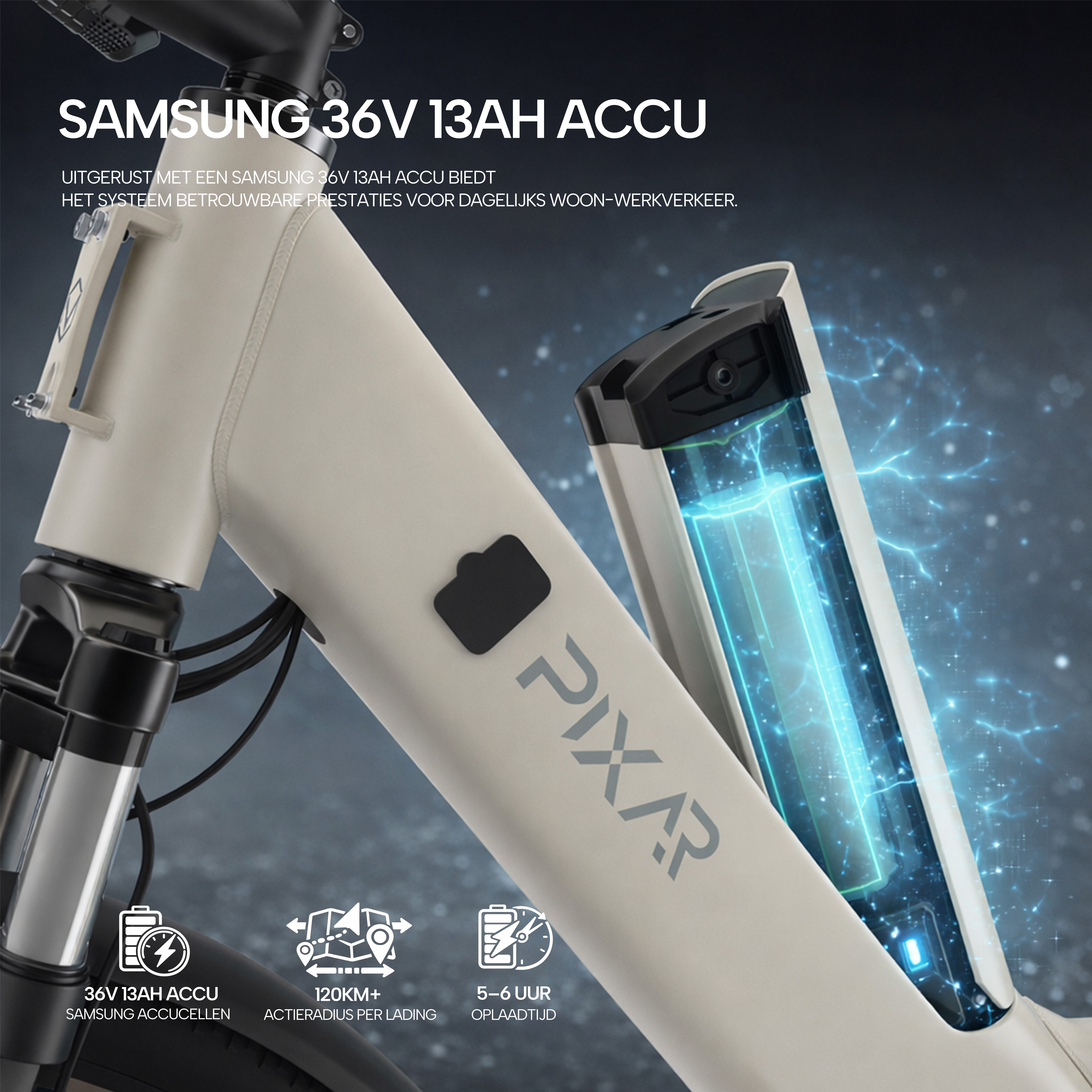 E-Bike mit Samsung 36V 13Ah Akku und elektrischem Energiesymbol.