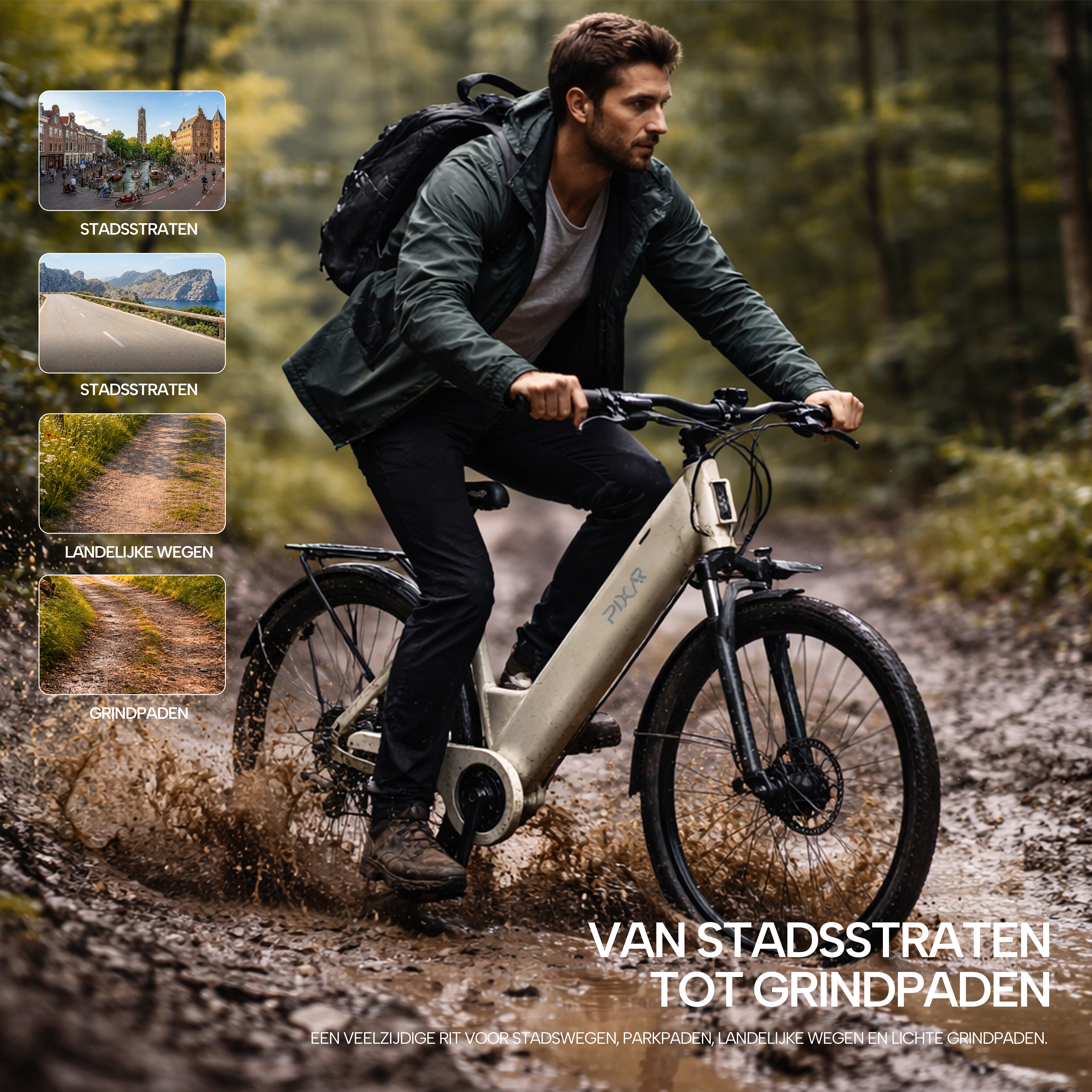 Ein Mann in grüner Jacke fährt ein E-Bike durch Schlamm, mit kleineren Vorschaubildern links.