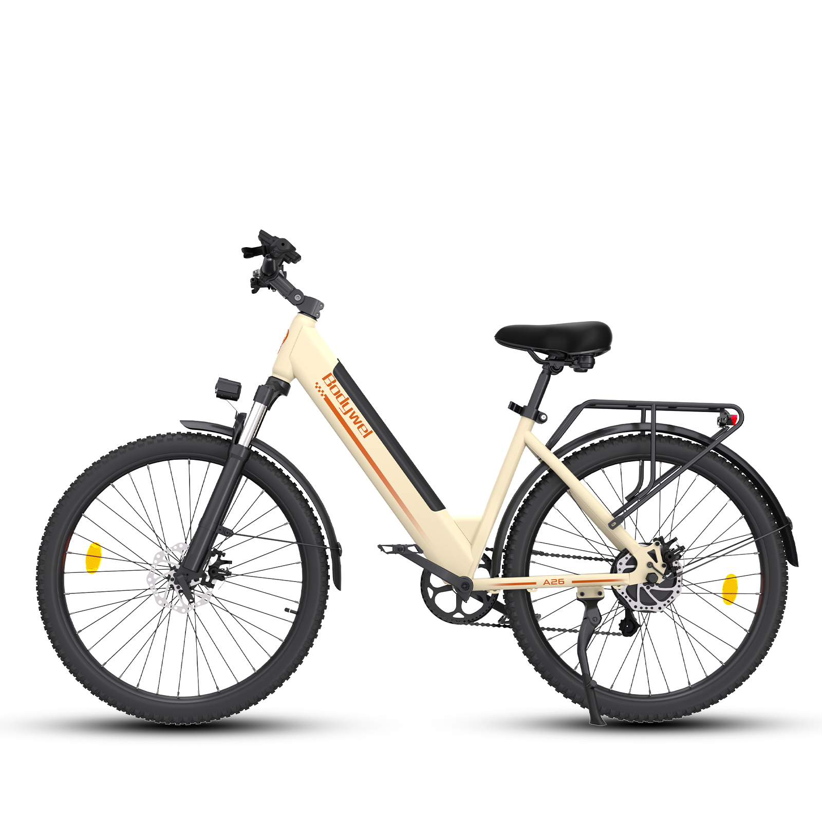 Beigefarbenes E-Bike mit Gepäckträger und schwarzen Reifen auf weißem Hintergrund.