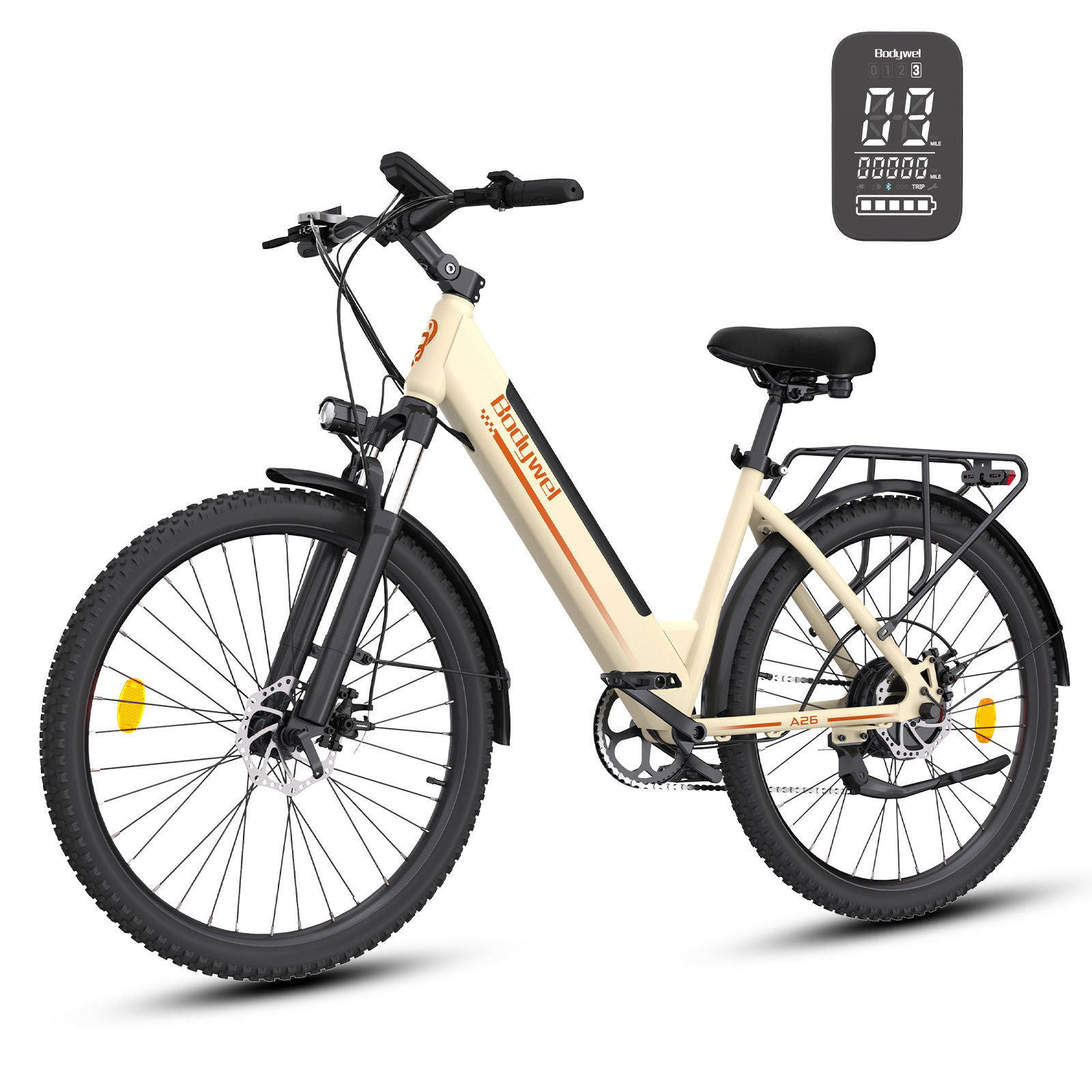 Beiges Bodywel A26 Elektrofahrrad mit Gepäckträger, Frontscheinwerfer und digitalem Display oben rechts.