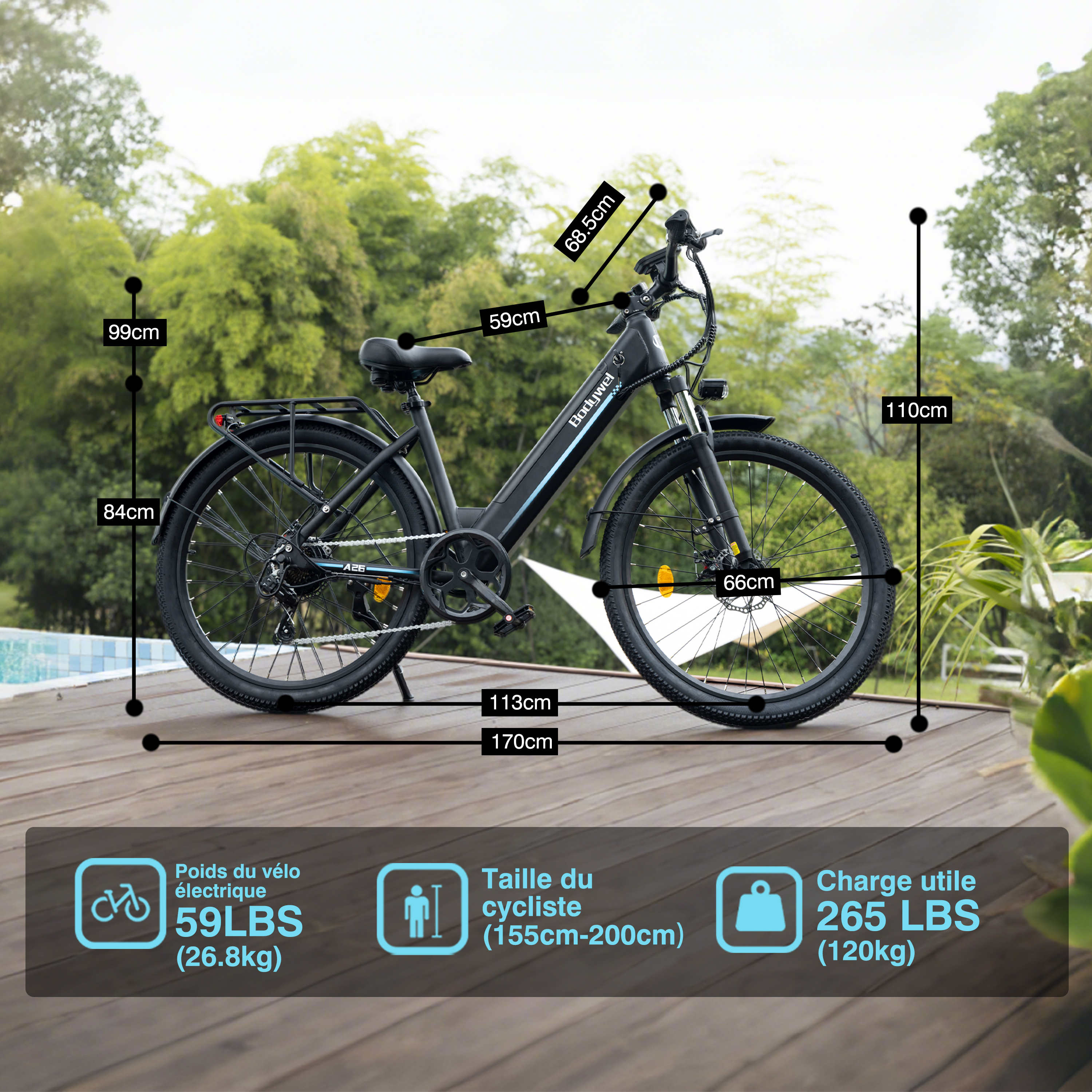 Schwarzes E-Bike auf einer Holzterrasse mit Maßen und technischen Daten im Vordergrund.