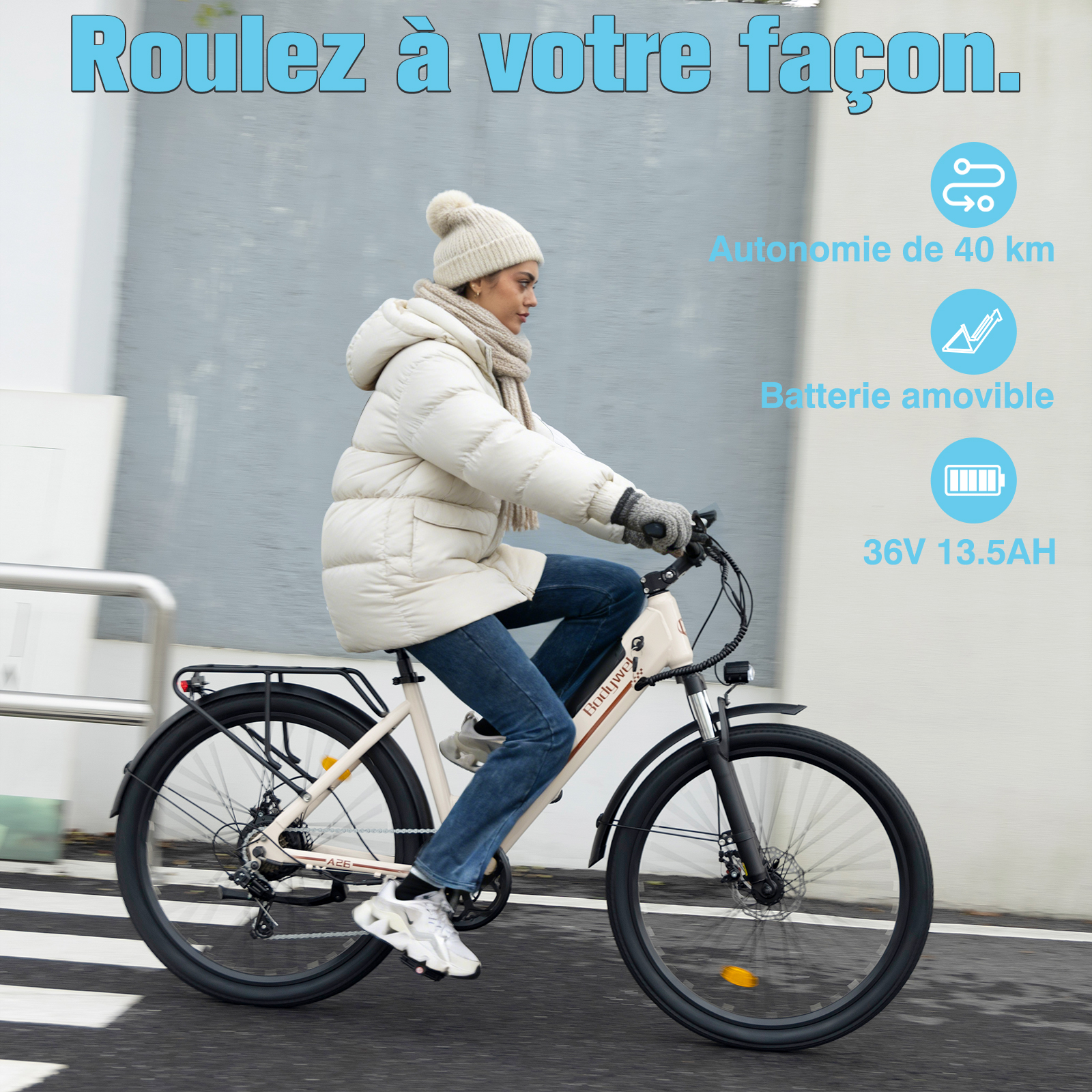 Eine Frau in weißer Winterjacke und Mütze fährt E-Bike auf einer Straße, mit Werbetext und Icons.
