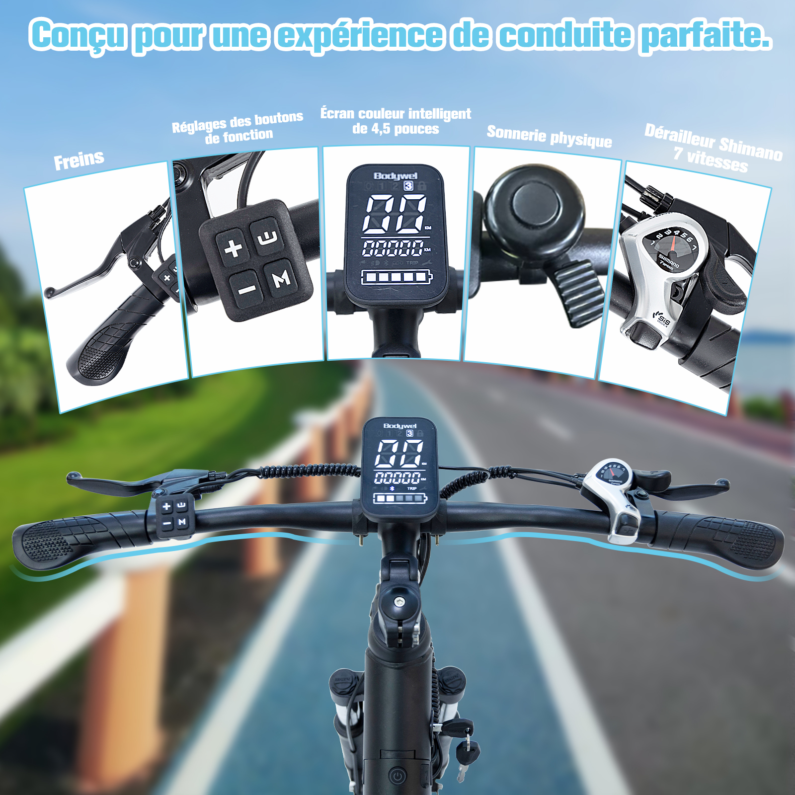 E-Bike-Lenker mit Display, Knöpfen, Bremsen, Klingel und Gangschaltung über einem Radweg.
