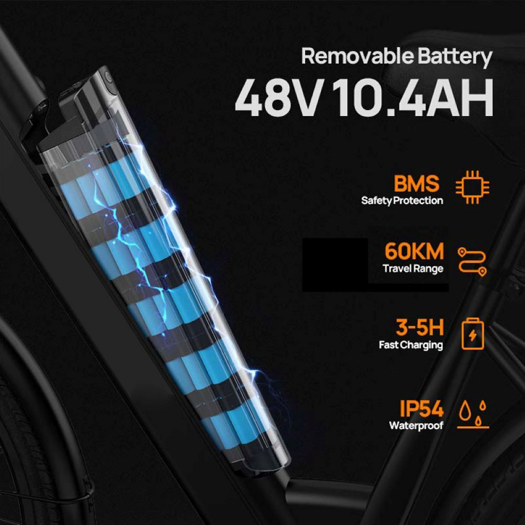 Batteria per e-bike 48V 10.4Ah, protezione BMS, autonomia di 60km, ricarica rapida e impermeabilità IP54.