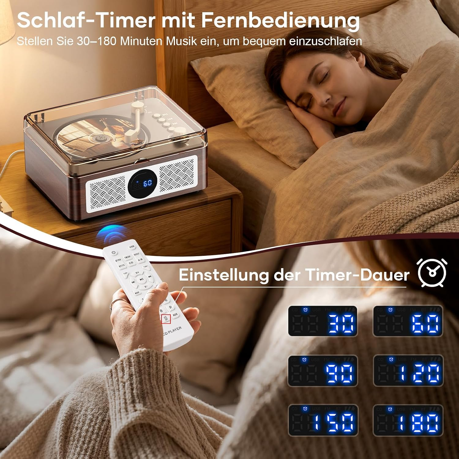 Eine Frau schläft friedlich neben einem CD-Player mit Sleep-Timer, während eine andere Hand eine Fernbedienung hält.