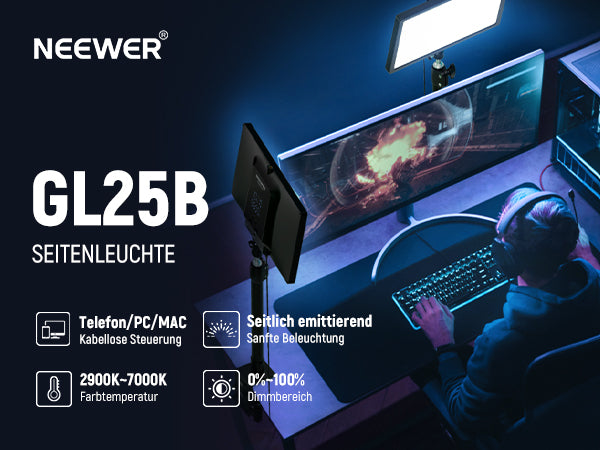 Ein Gamer nutzt eine Neewer GL25B LED-Seitenleuchte an einem Schreibtisch mit Monitor.