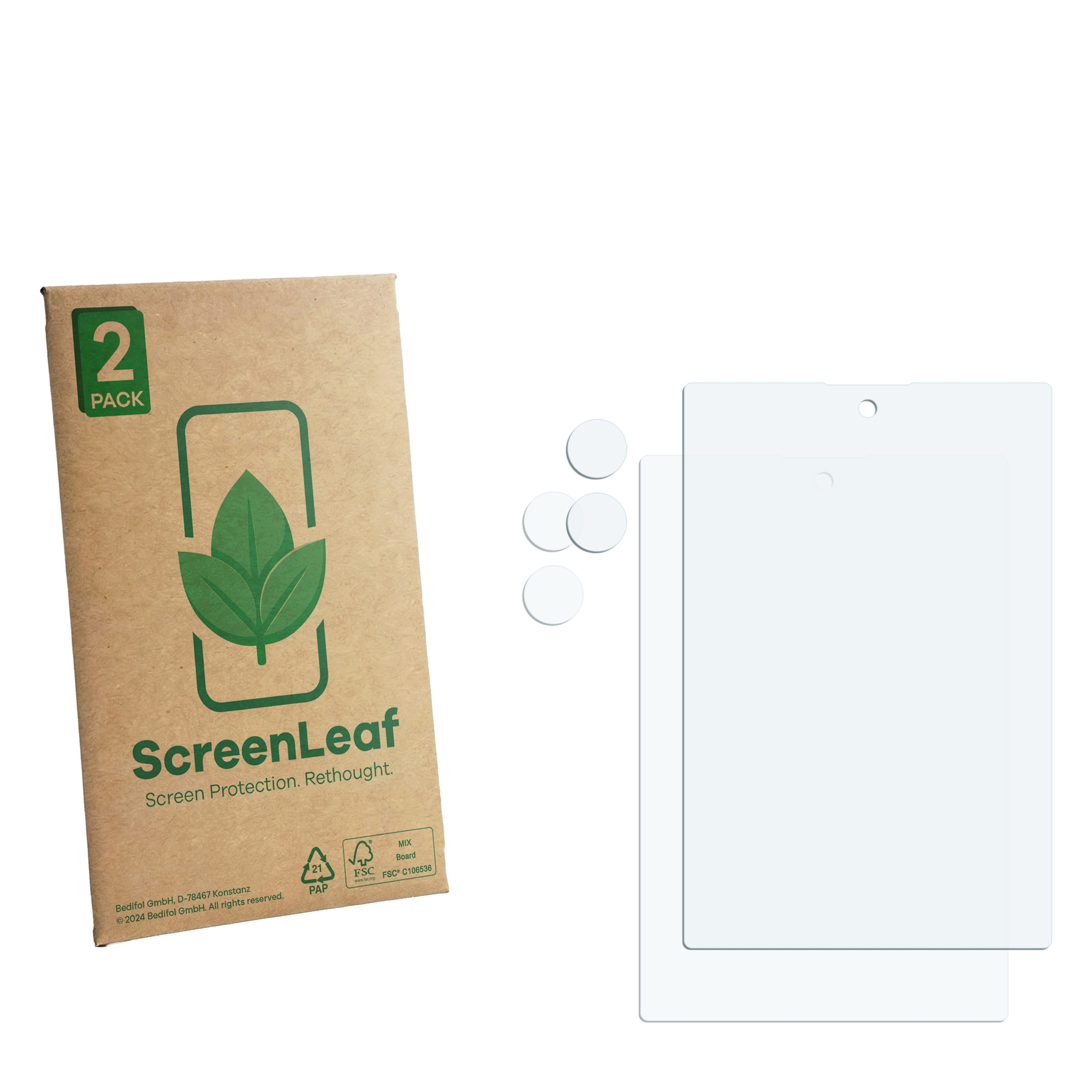 ScreenLeaf 2er-Pack braune Papierverpackung mit grünem Blatt-Logo, zwei transparente Displayschutzfolien und Aufkleber.