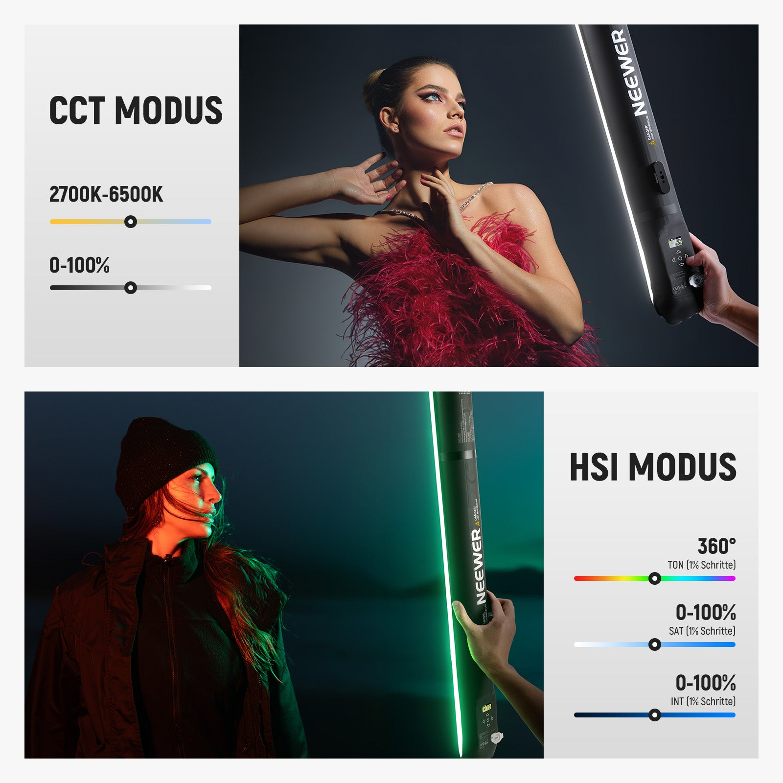 Modelle beleuchtet mit einer Neewer LED-Stablampe, mit Grafiken für CCT- und HSI-Modi.