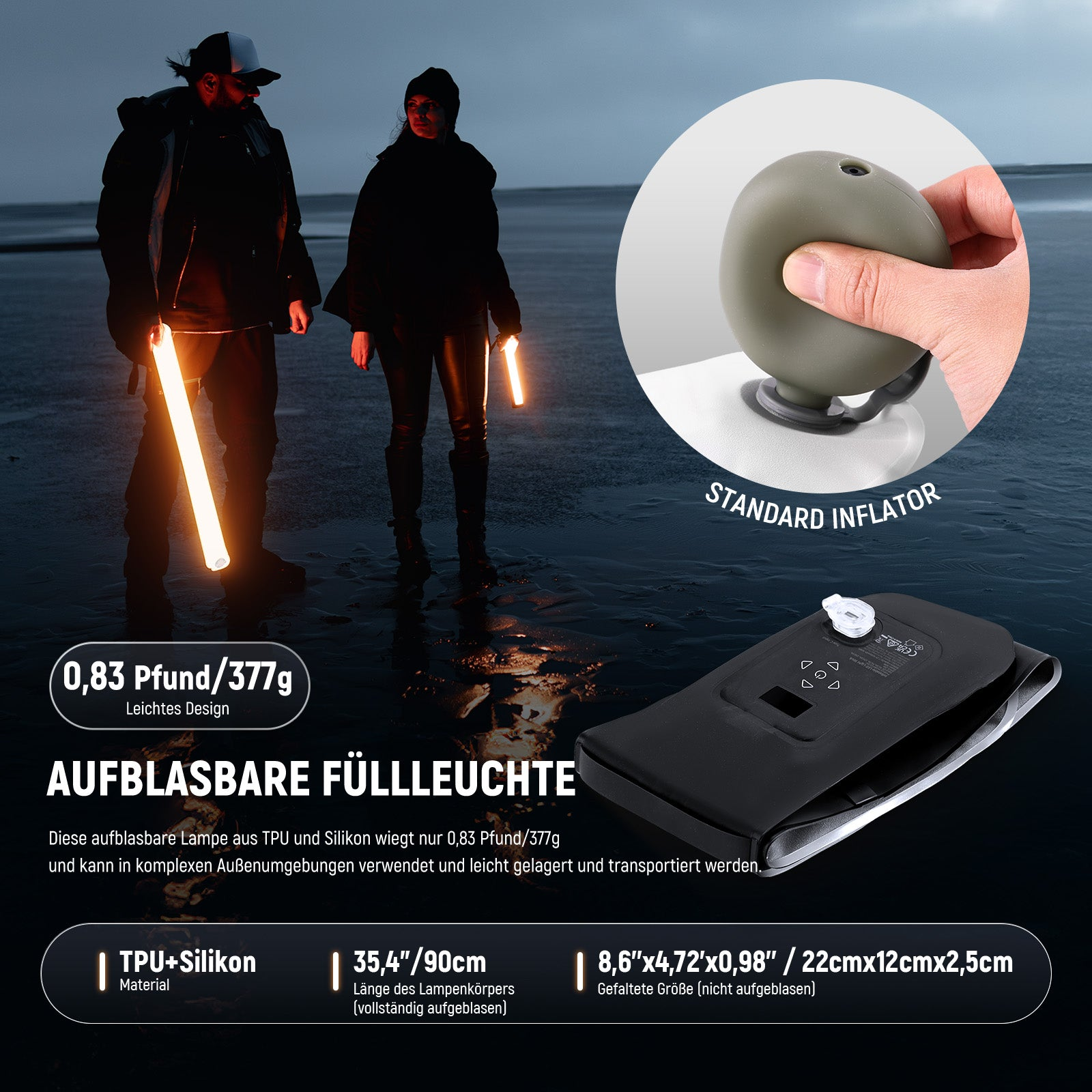 Eine aufblasbare LED-Leuchte, gefaltet und aufgeblasen, mit zwei Personen, die Leuchtstäbe halten.