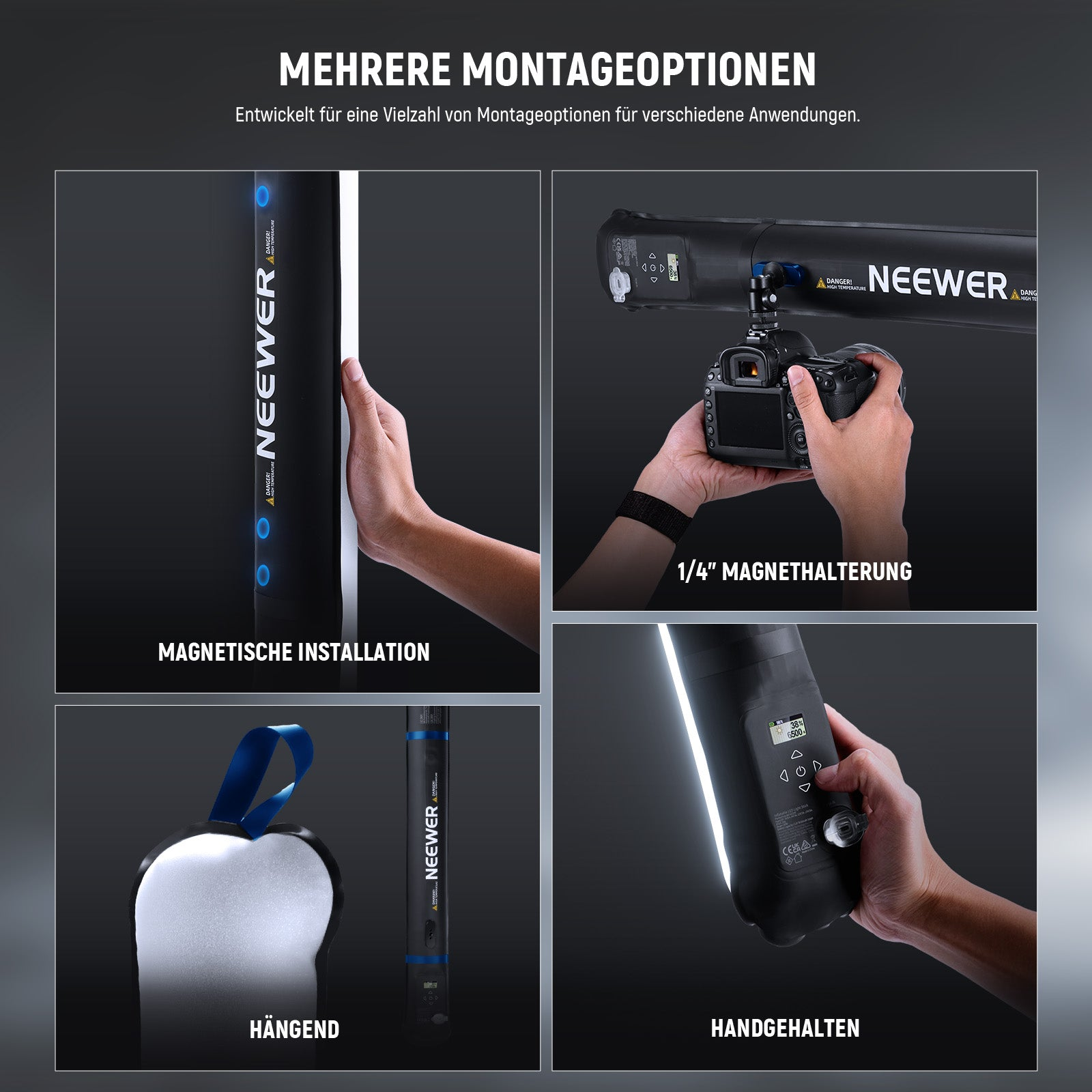 Vier Bilder zeigen Montageoptionen für eine Neewer LED-Stablamite: magnetisch, auf einer Kamera, hängend und handgehalten.