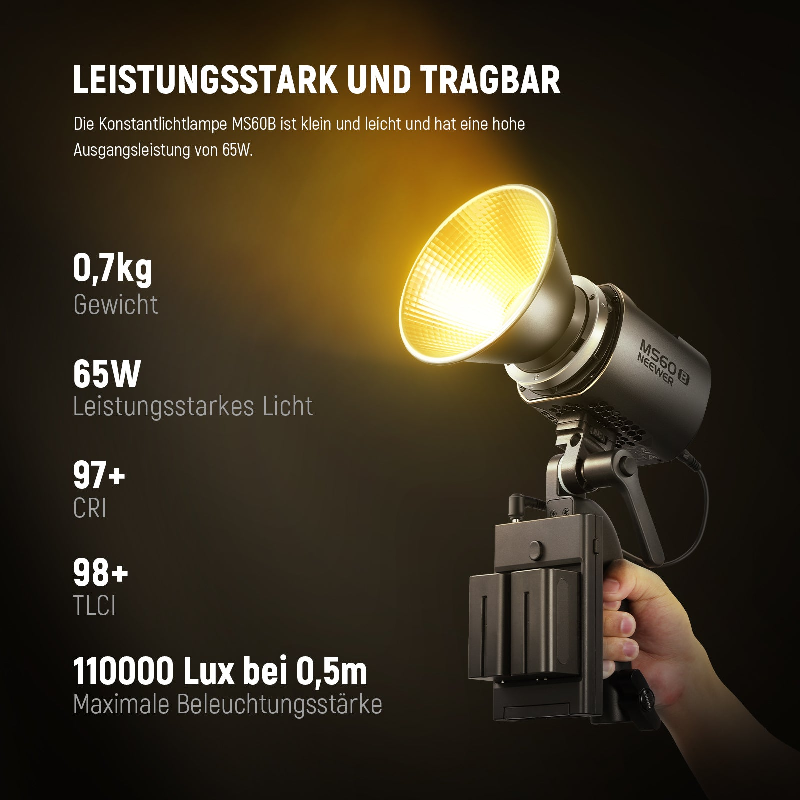 Hand hält tragbare MS60B LED-Videoleuchte mit hellem gelbem Licht gegen dunklen Hintergrund und Produktdaten.
