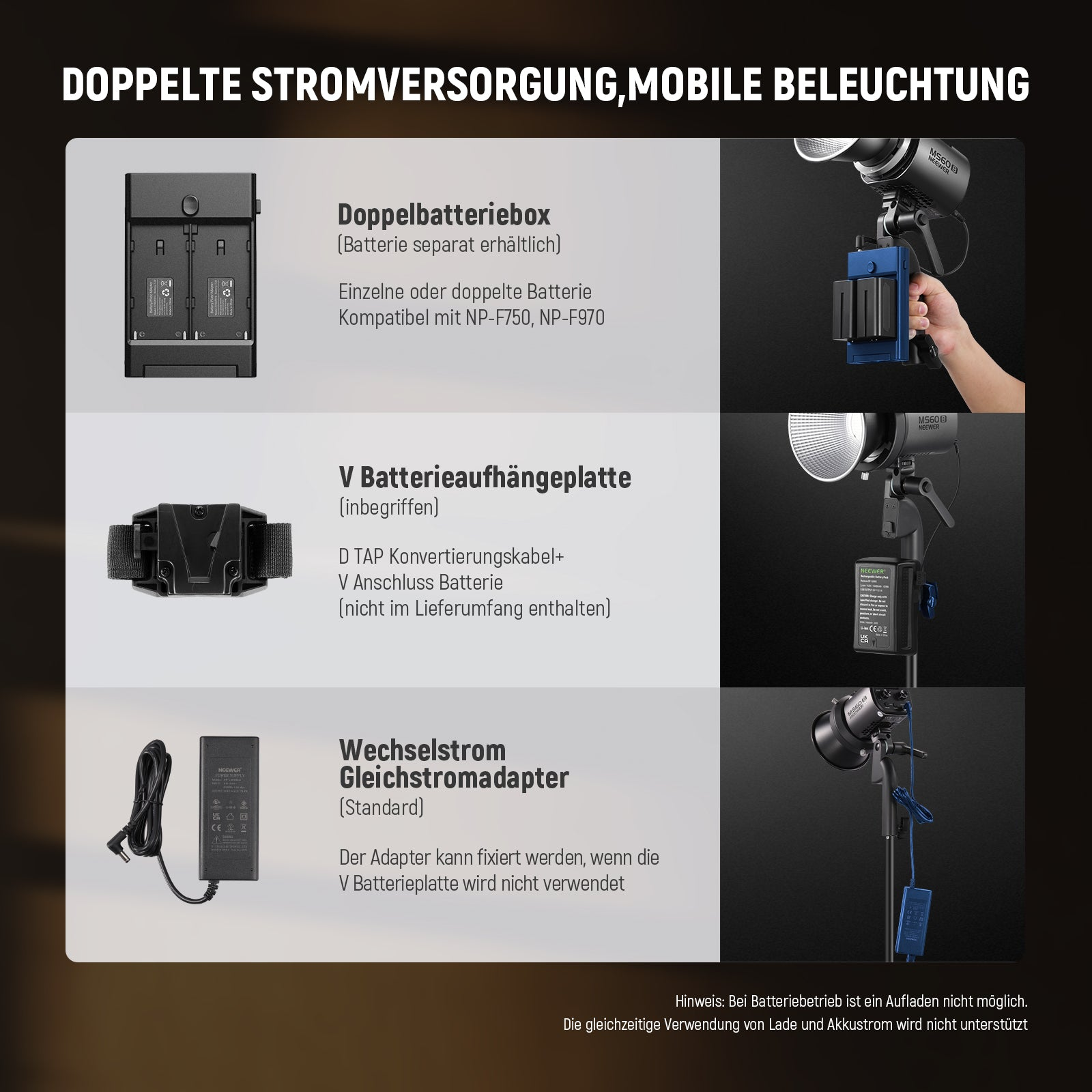 Produktübersicht zeigt Doppelbatteriebox, V-Batterieplatte und Wechselstromadapter mit Verwendungsmöglichkeiten.