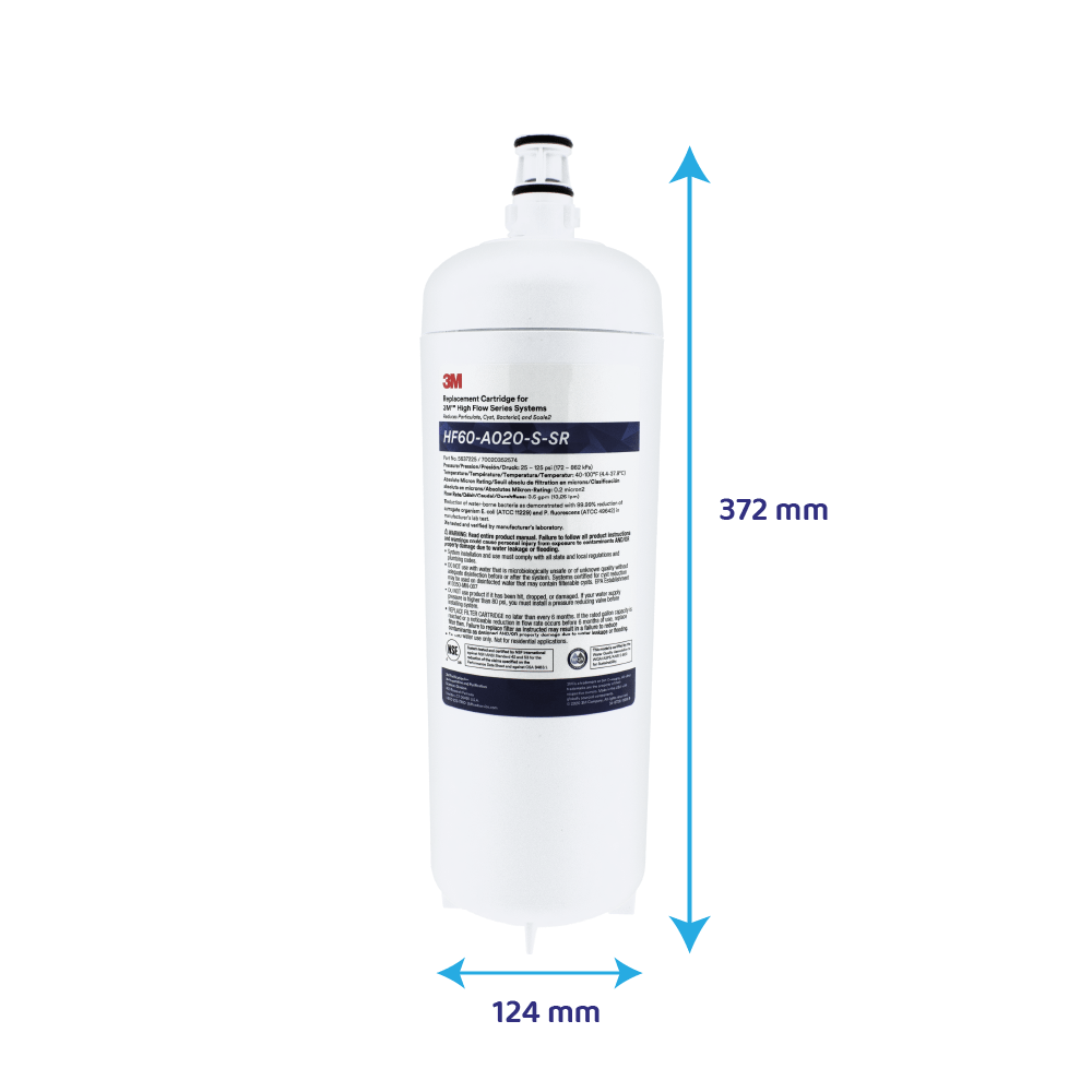 Weißer 3M Wasserfilter mit blauem Etikett und Bemaßungen von 372 mm Höhe und 124 mm Breite.