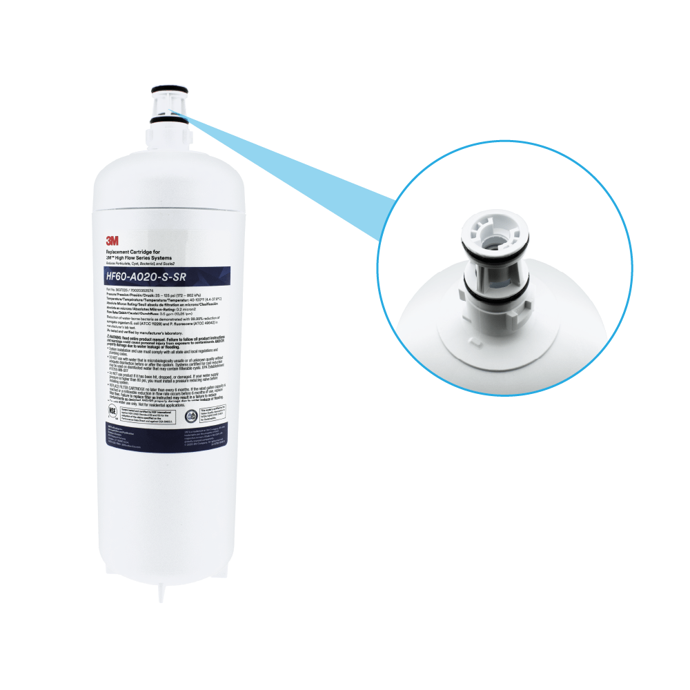 3M Wasserfilterkartusche HF60-A020-S-SR mit Nahaufnahme des oberen Anschlusses.