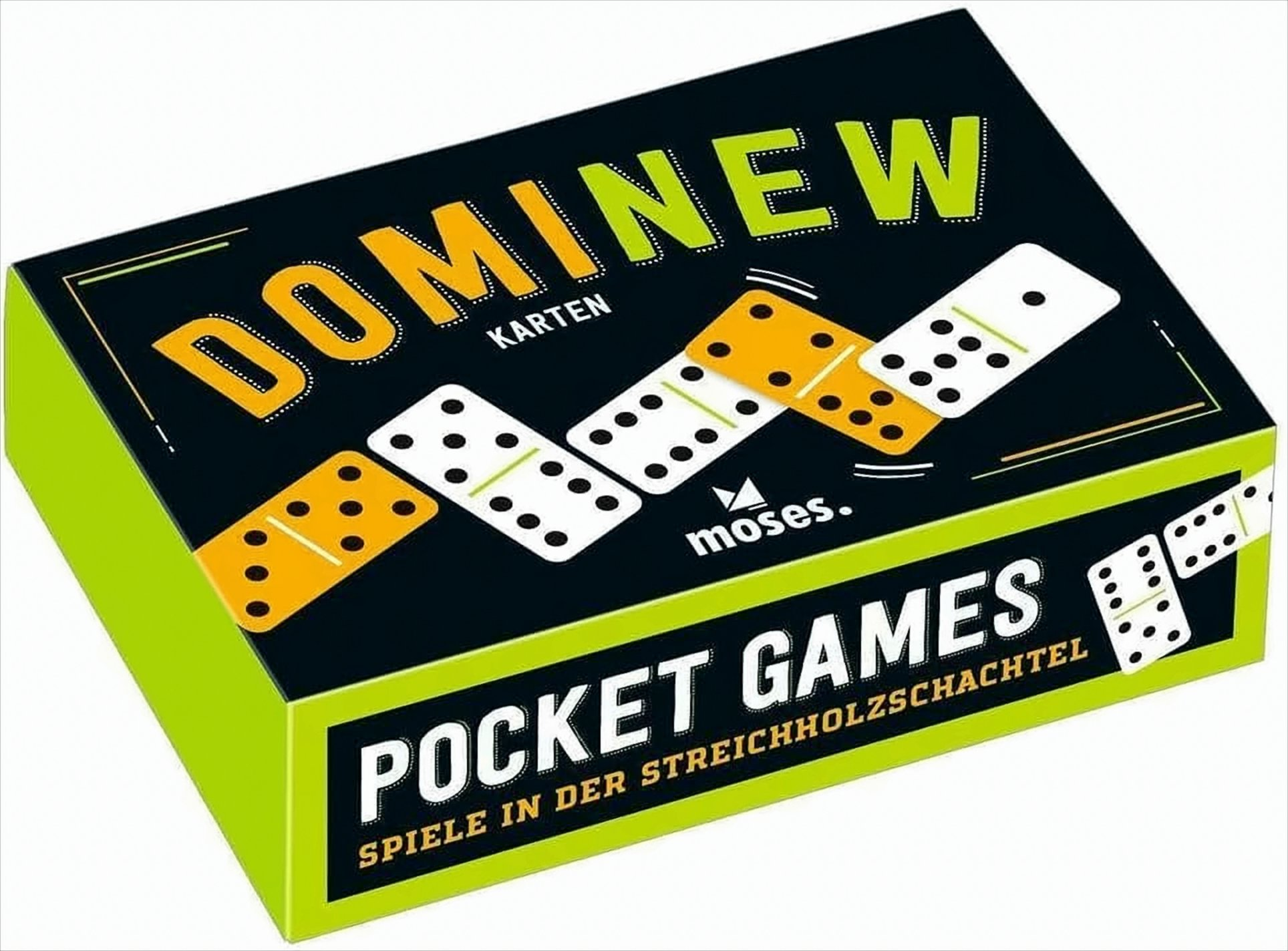 Eine grüne Schachtel des Kartenspiels Dominew mit Domino-Illustrationen und dem Text POCKET GAMES.