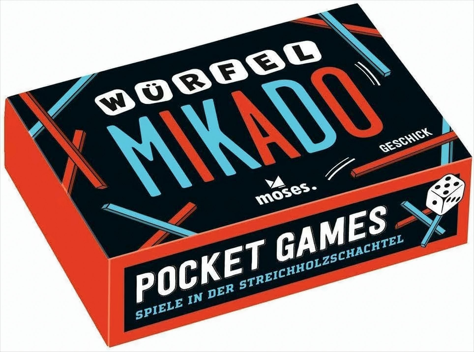 Eine schwarz-rote Spielschachtel für Würfel Mikado mit weißem, blauem und rotem Text sowie einem Würfel.