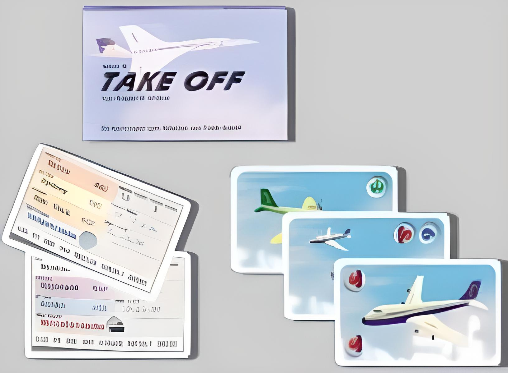 Eine Spielschachtel und Karten mit Flugzeugillustrationen und Tickets auf grauer Oberfläche.