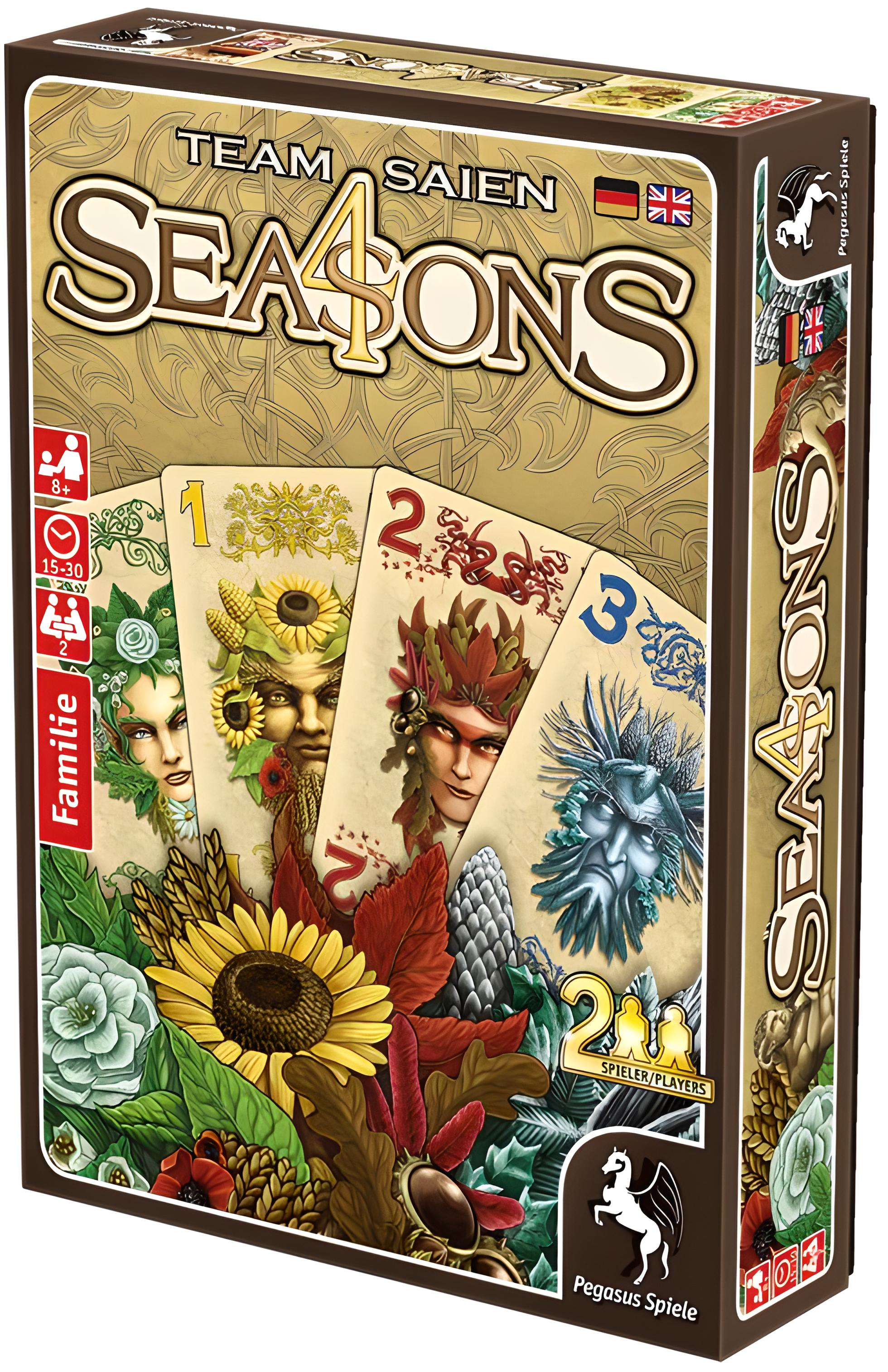 Seasons-Spieleschachtel mit Fantasie-Charakterkarten, die vier Jahreszeiten mit Blumen und Blättern zeigen.