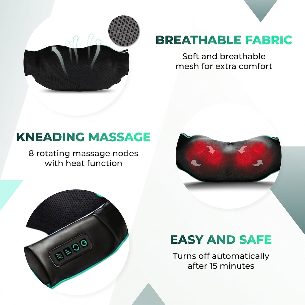 Nekmassager met ademend mesh, 8 roterende massageknopen, warmtefunctie en automatische uitschakeling.