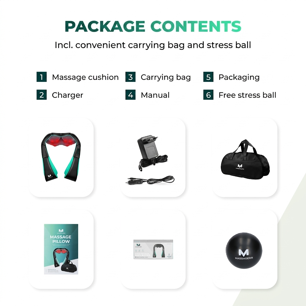 Pakketinhoud toont massagekussen, lader, draagtas, handleiding, verpakking en gratis antistressbal.