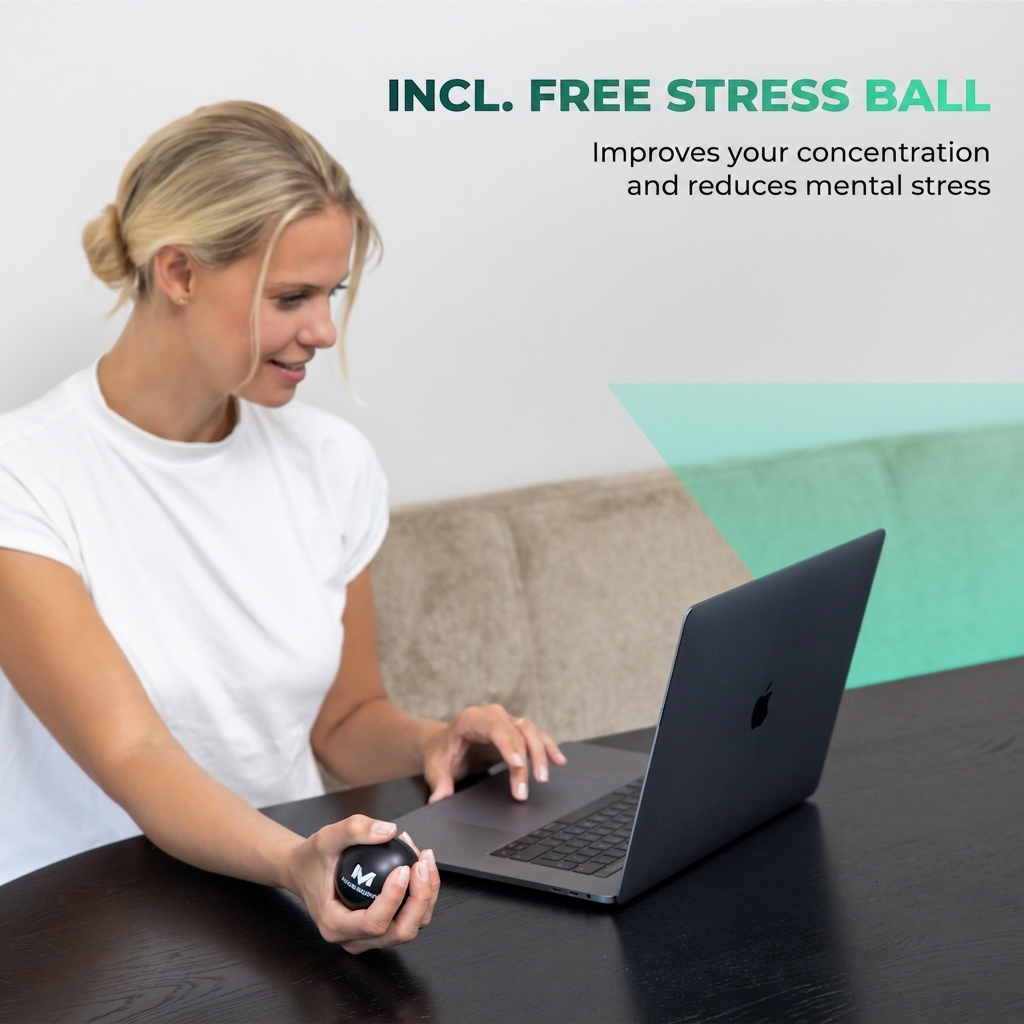 Een blonde vrouw in een wit shirt zit aan een tafel te typen op een laptop terwijl ze een stressbal vasthoudt.