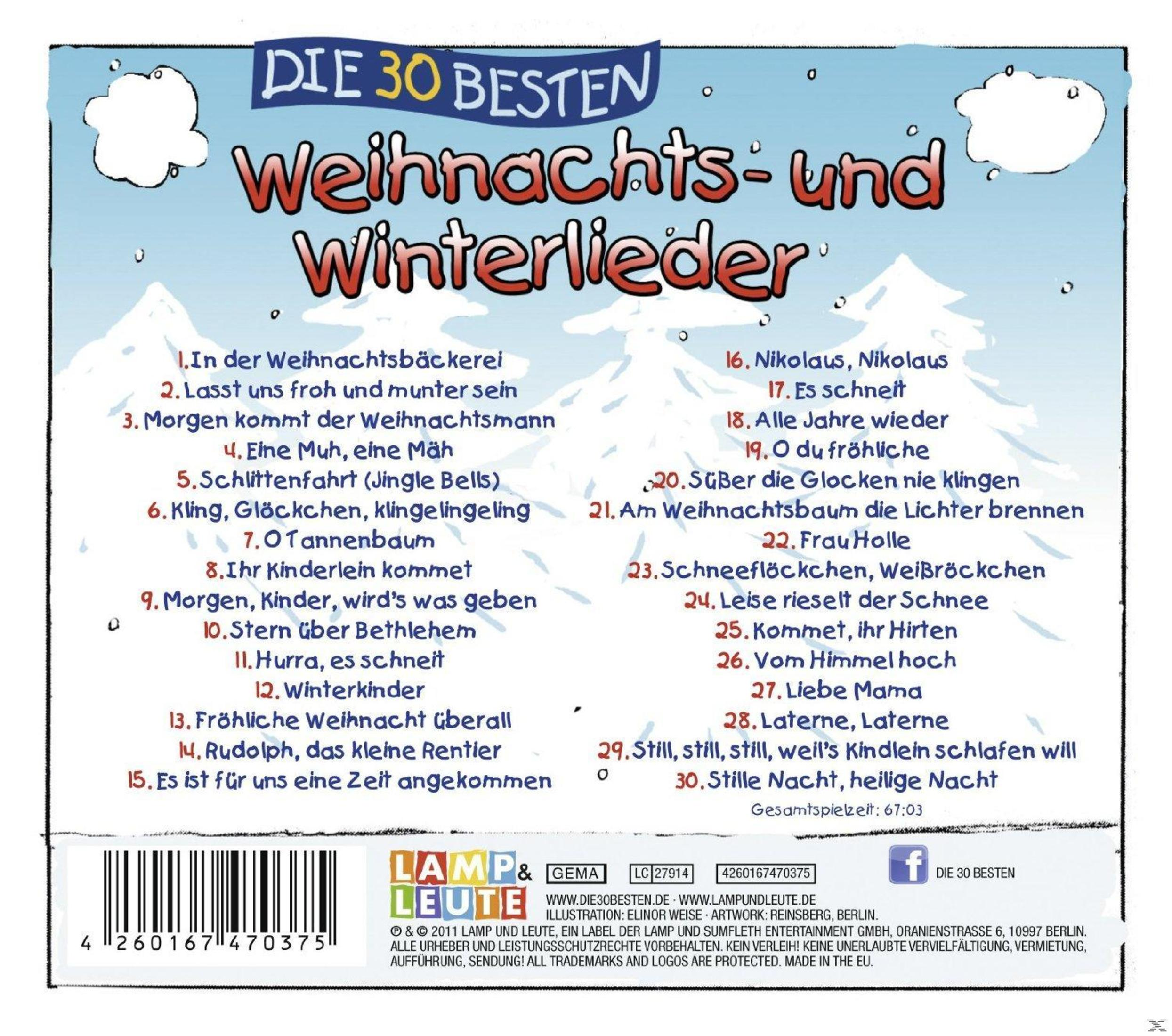 CD-Cover mit der Titelliste von 30 Weihnachts- und Winterliedern auf verschneitem Hintergrund.