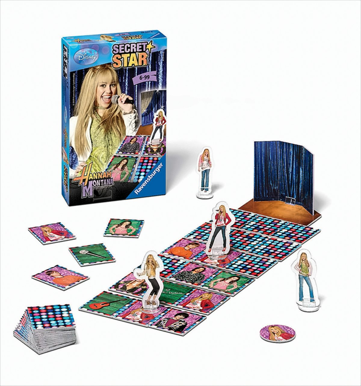 Hannah Montana Brettspiel mit Schachtel, bunten Kacheln, Spielfiguren und einer blauen Vorhangbühne.