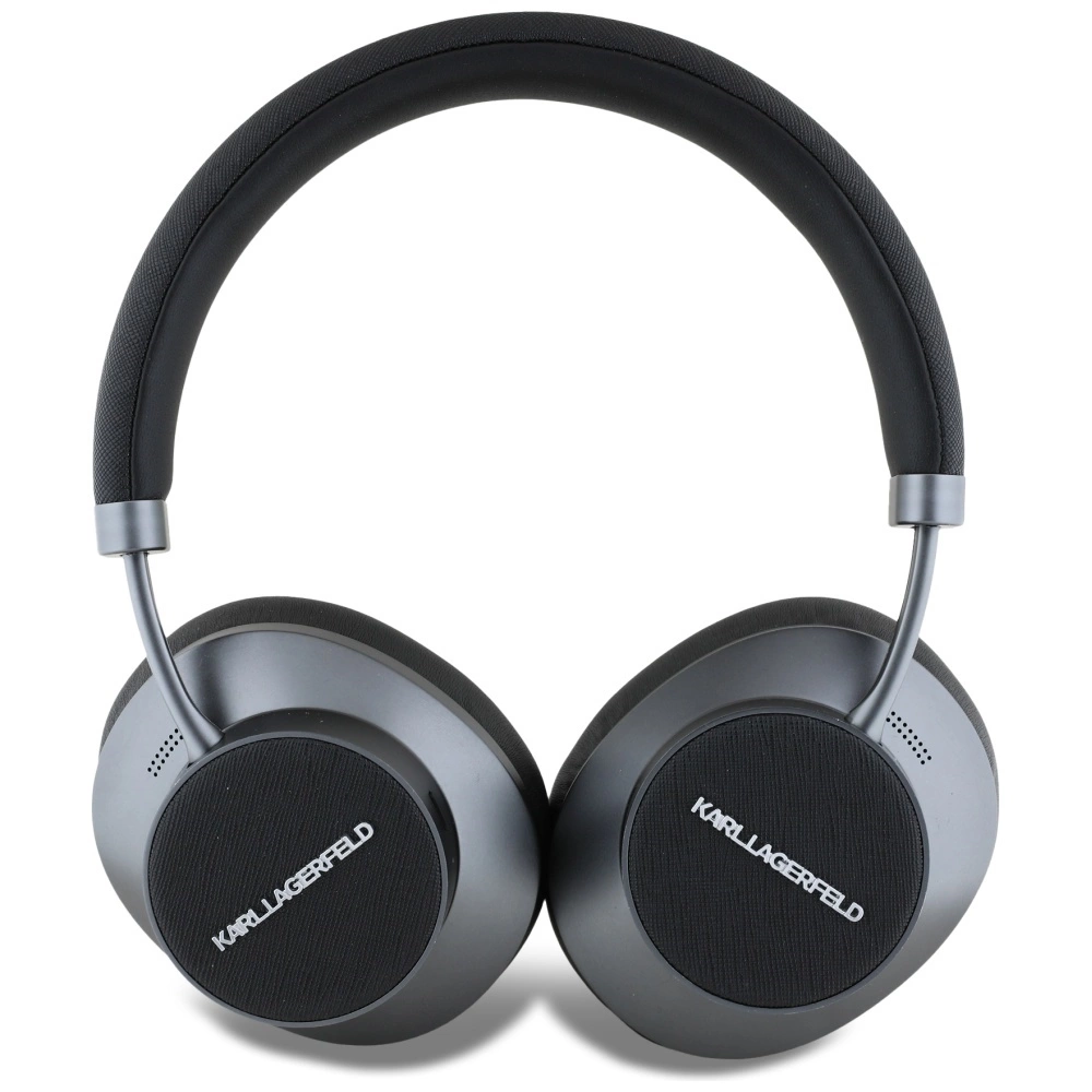 Cuffie over-ear nere con montatura in metallo grigio e logo bianco Karl Lagerfeld.