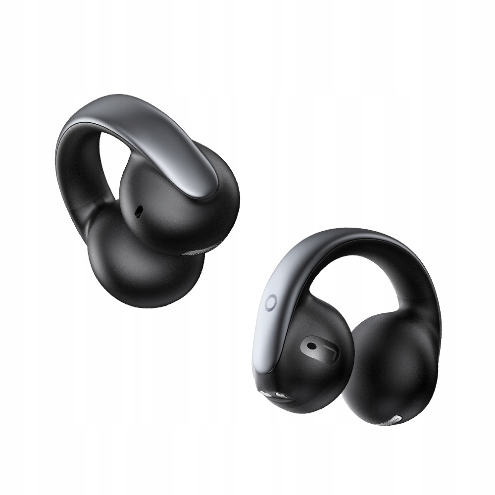 Due auricolari wireless open-ear neri con dettagli grigi su sfondo bianco.