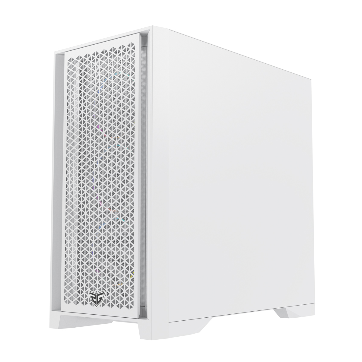 Un case per computer bianco con pannello frontale a rete triangolare e logo.