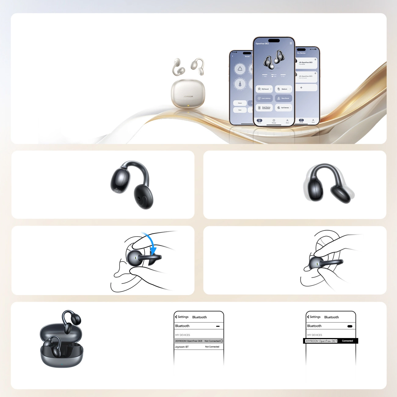 Auricolari open-ear, custodia di ricarica, smartphone con app e istruzioni grafiche per l'uso.