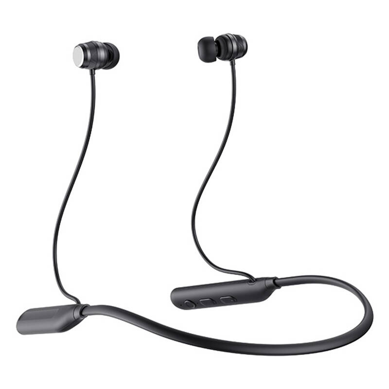 Cuffie wireless nere con archetto da collo e pulsanti di controllo su sfondo bianco.