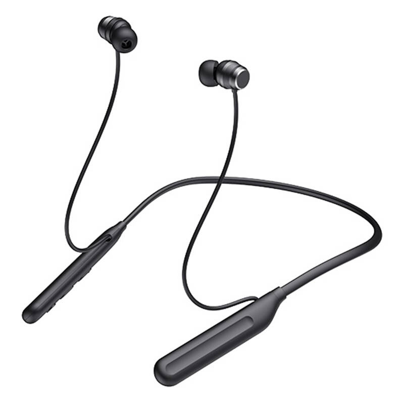 Un paio di auricolari wireless neri con archetto da collo su sfondo bianco.