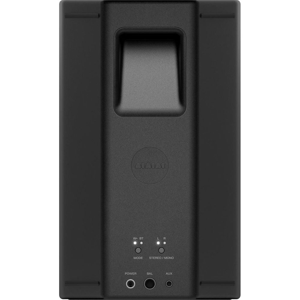 Vue arrière d'une enceinte noire avec poignée, logo, bouton de mode, sélecteur stéréo, bouton d'alimentation et ports audio.