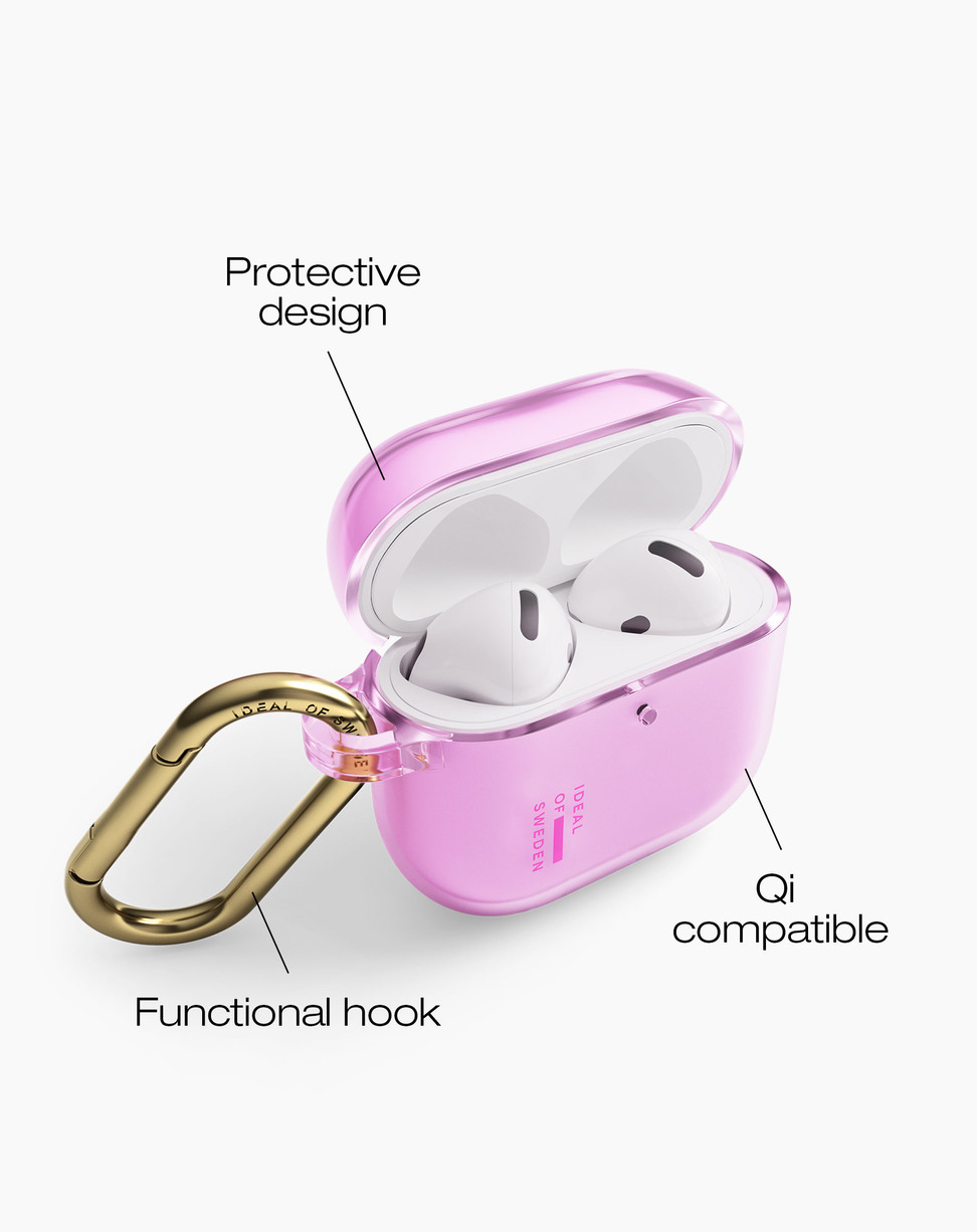 Rosa transparenter AirPods-Koffer mit goldenem Karabinerhaken und Textbeschreibungen.