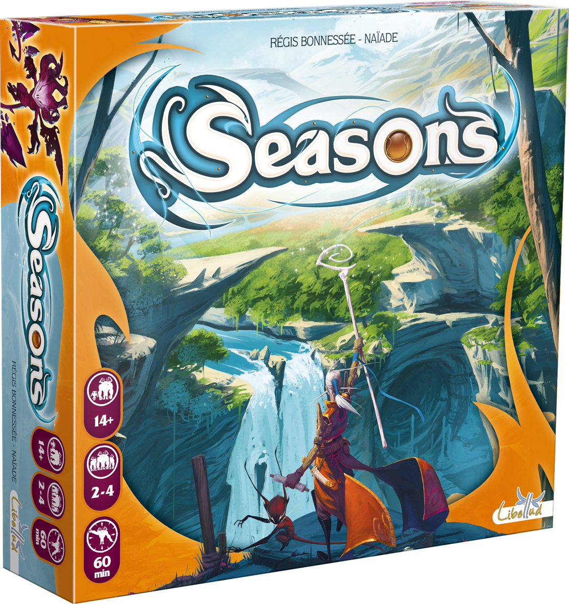 Spielschachtel des Brettspiels Seasons mit Fantasielandschaft, Wasserfall und Magier.