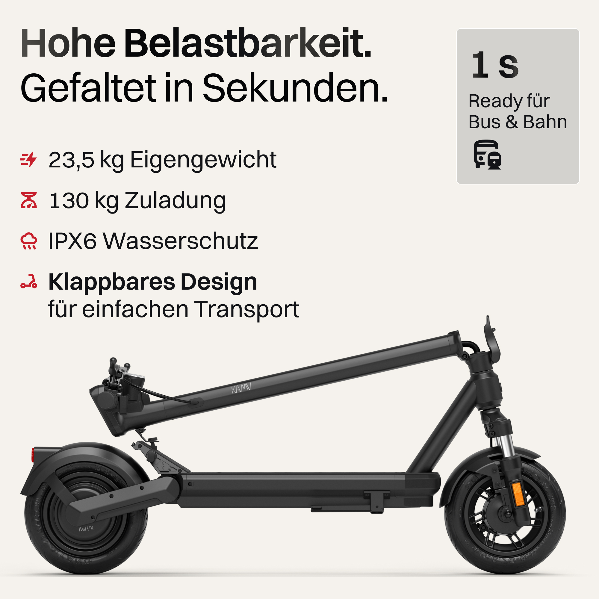 Ein schwarzer, zusammengeklappter E-Scooter vor hellem Hintergrund mit technischen Daten.