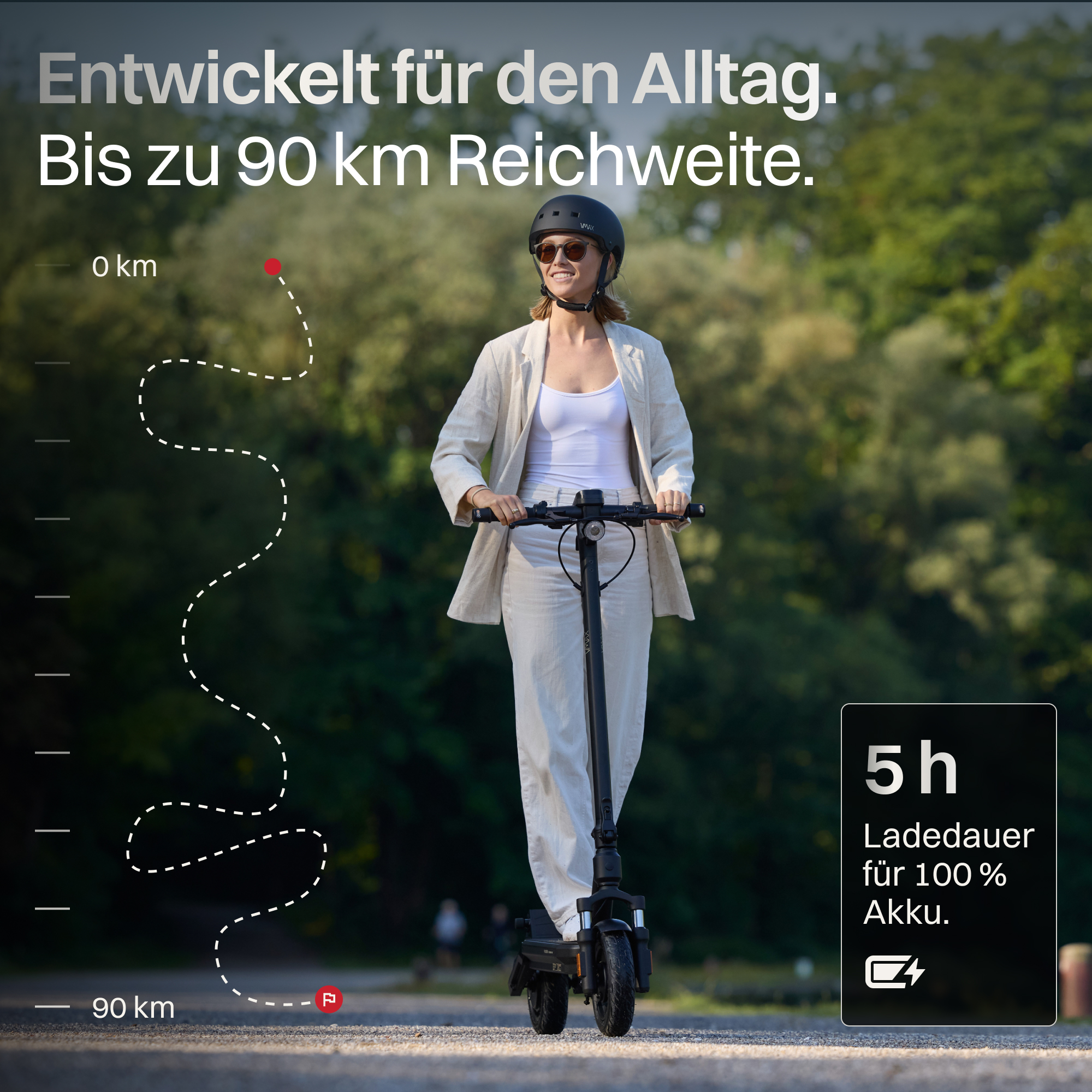 Frau mit Helm auf E-Scooter im Freien, Text und Grafiken im Bild.