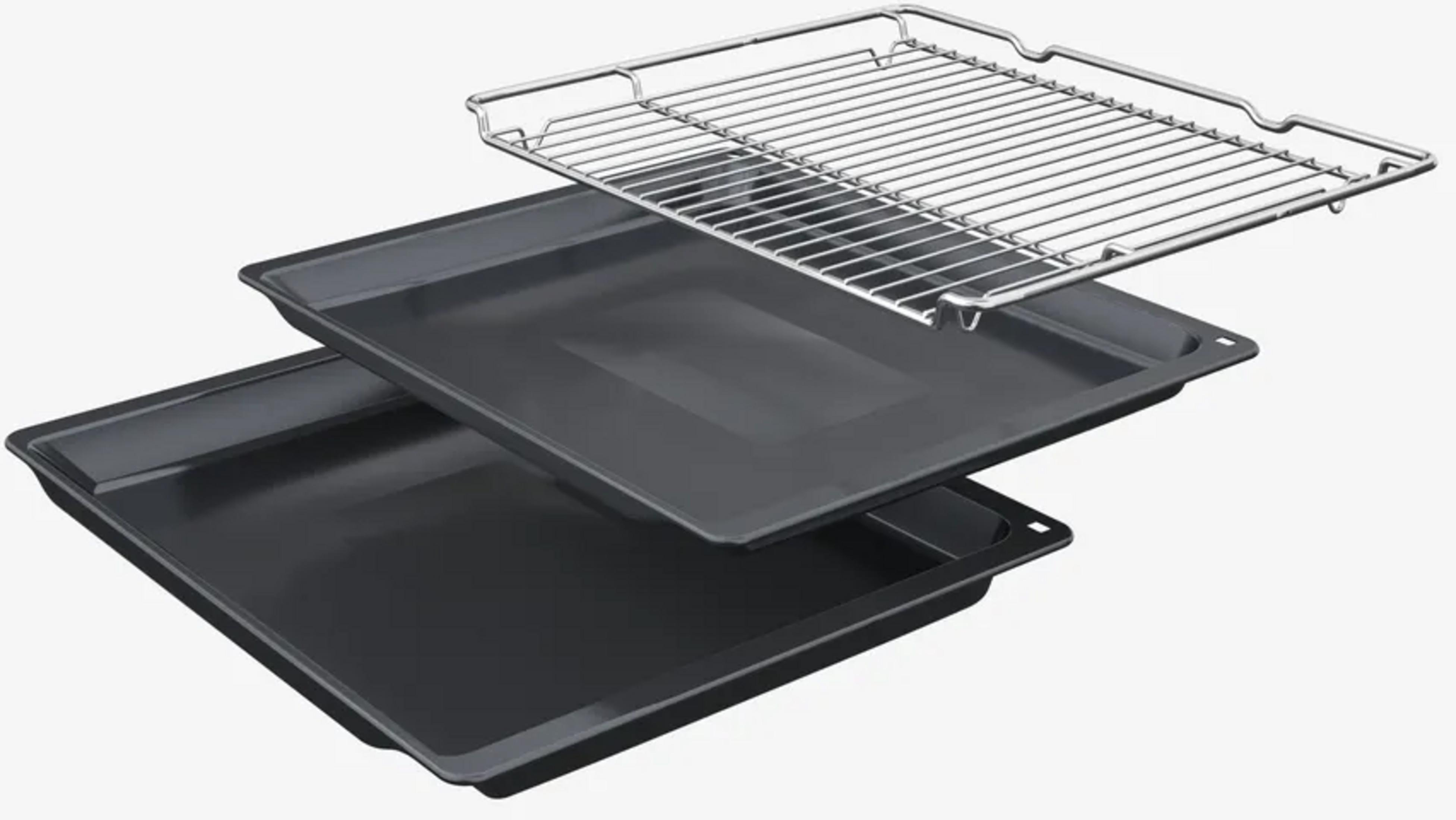 Deux plaques de cuisson noires et une grille de four sur fond blanc.