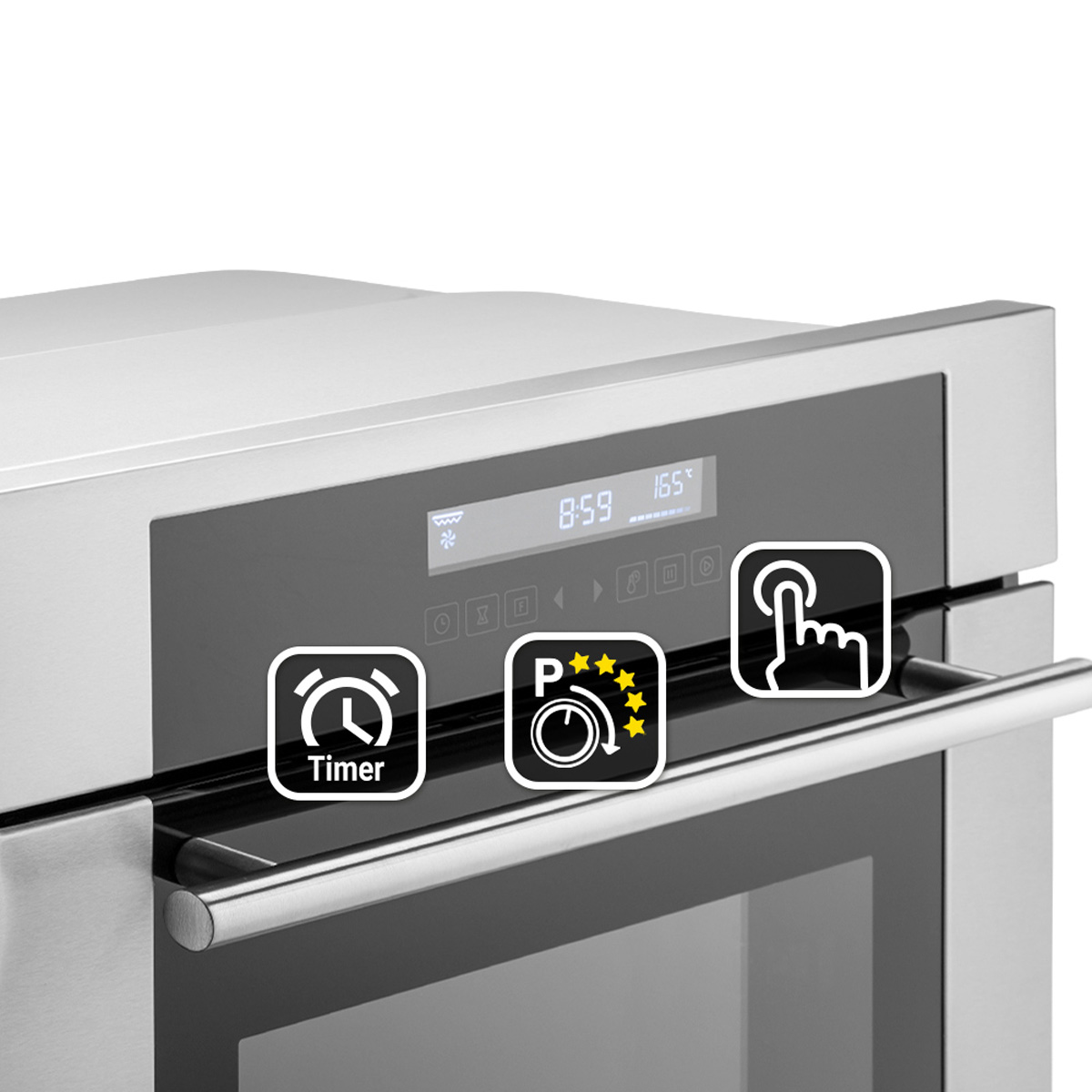 Moderne Backofenbedienblende mit Timer, Programmen und Touch-Steuerung über dem Griff.
