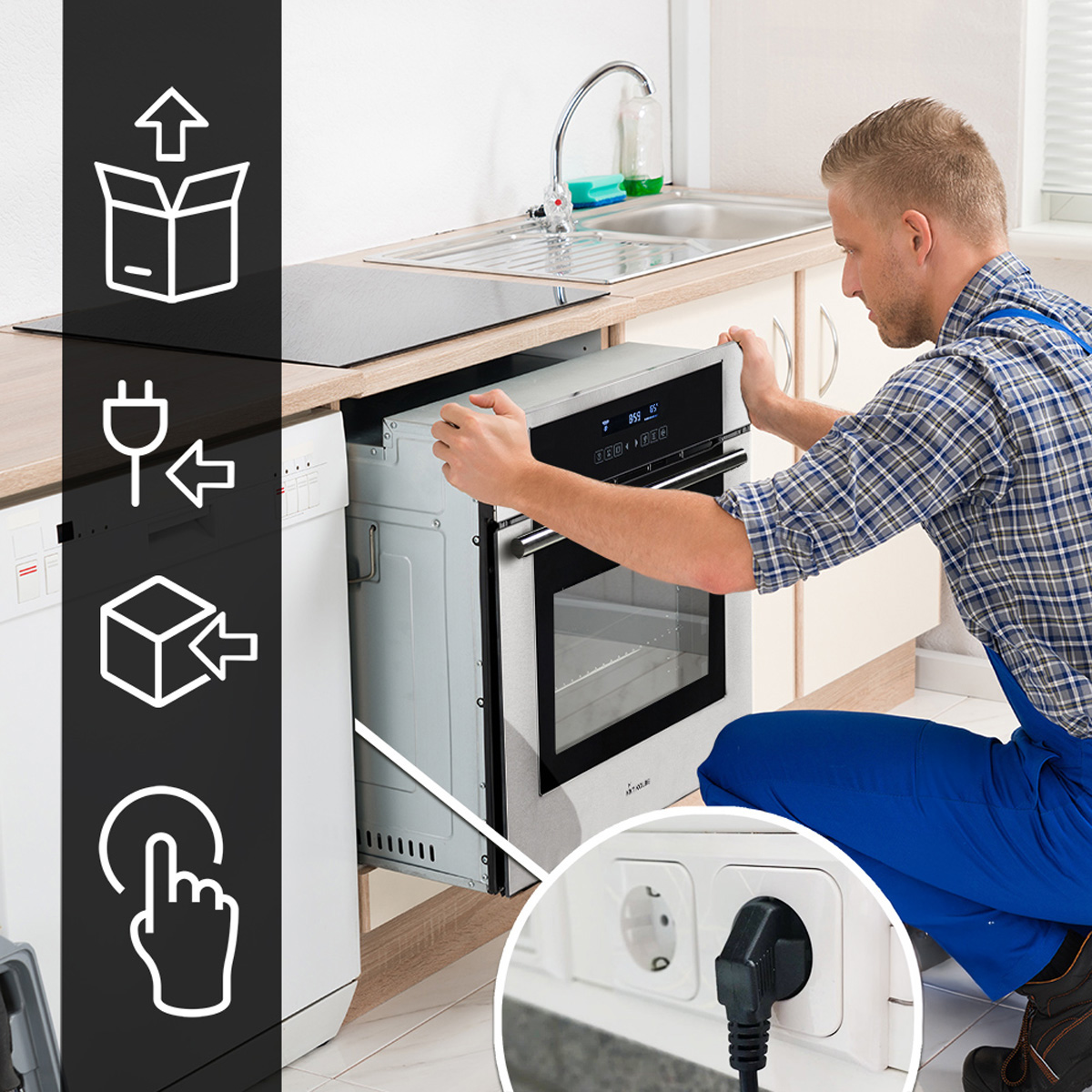 Handwerker installiert einen Backofen in der Küche mit Steckdosenanschluss.